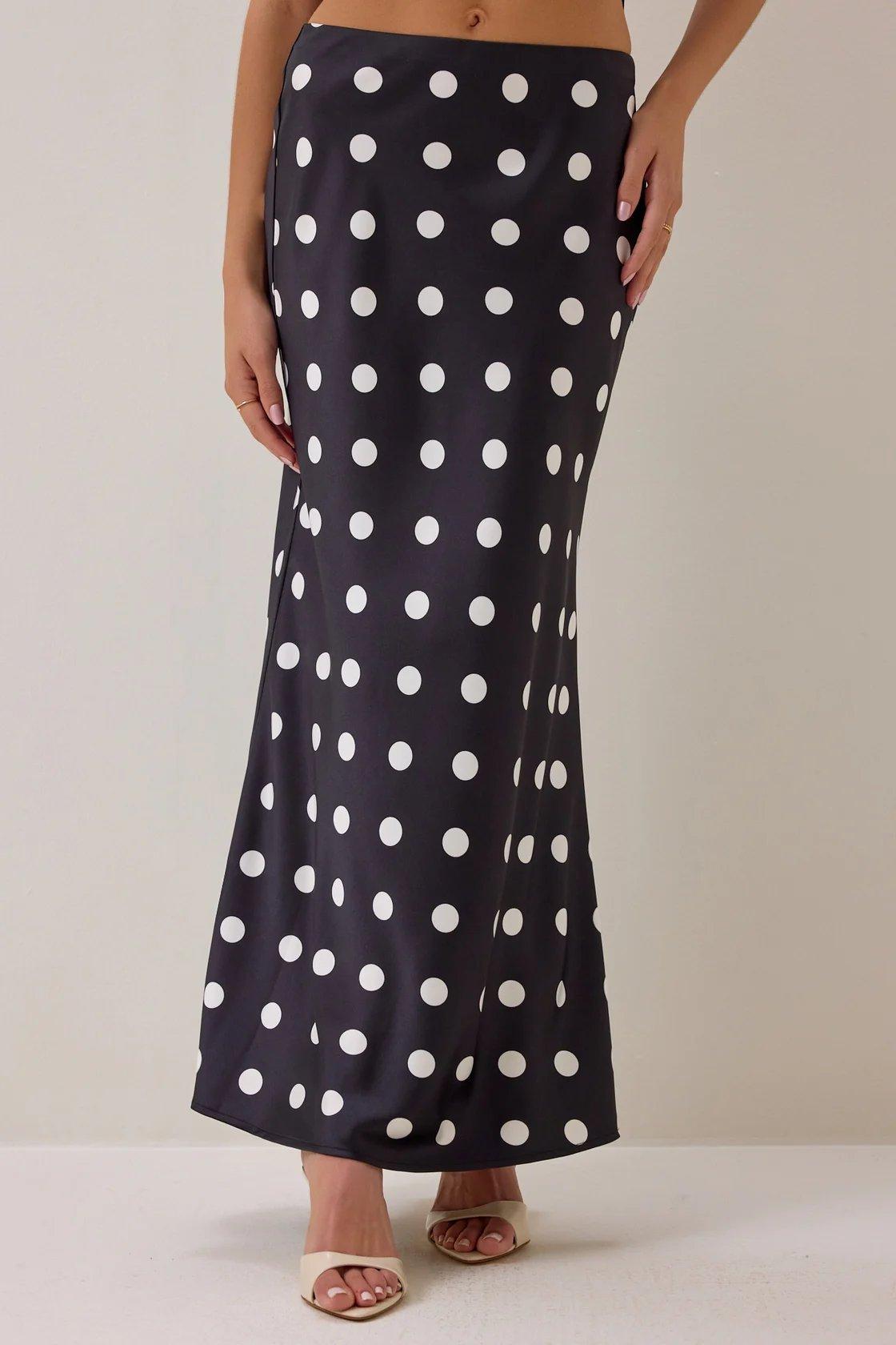 black satin maxi skirt with white polka dots