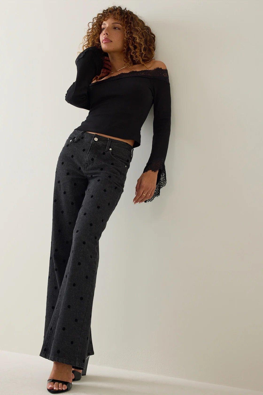 black polka dot wide leg jean
