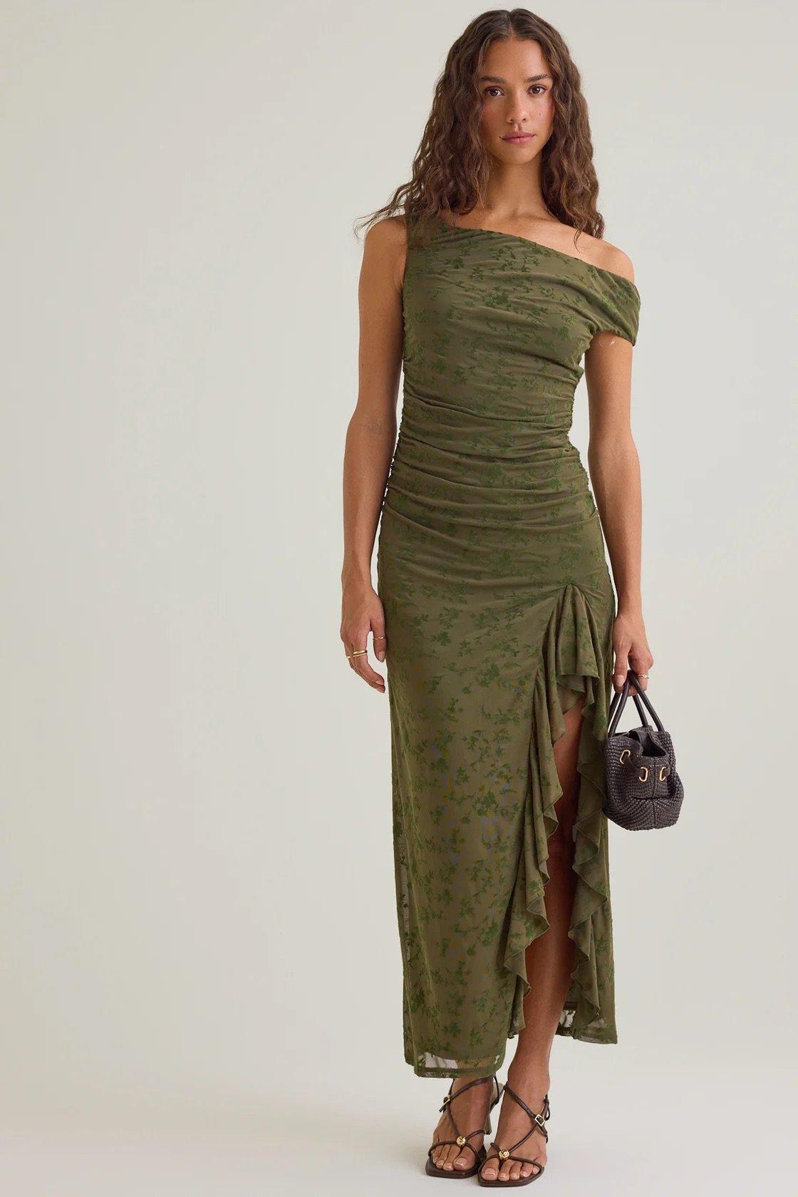 olive velvet floral maxi dress with side ruching