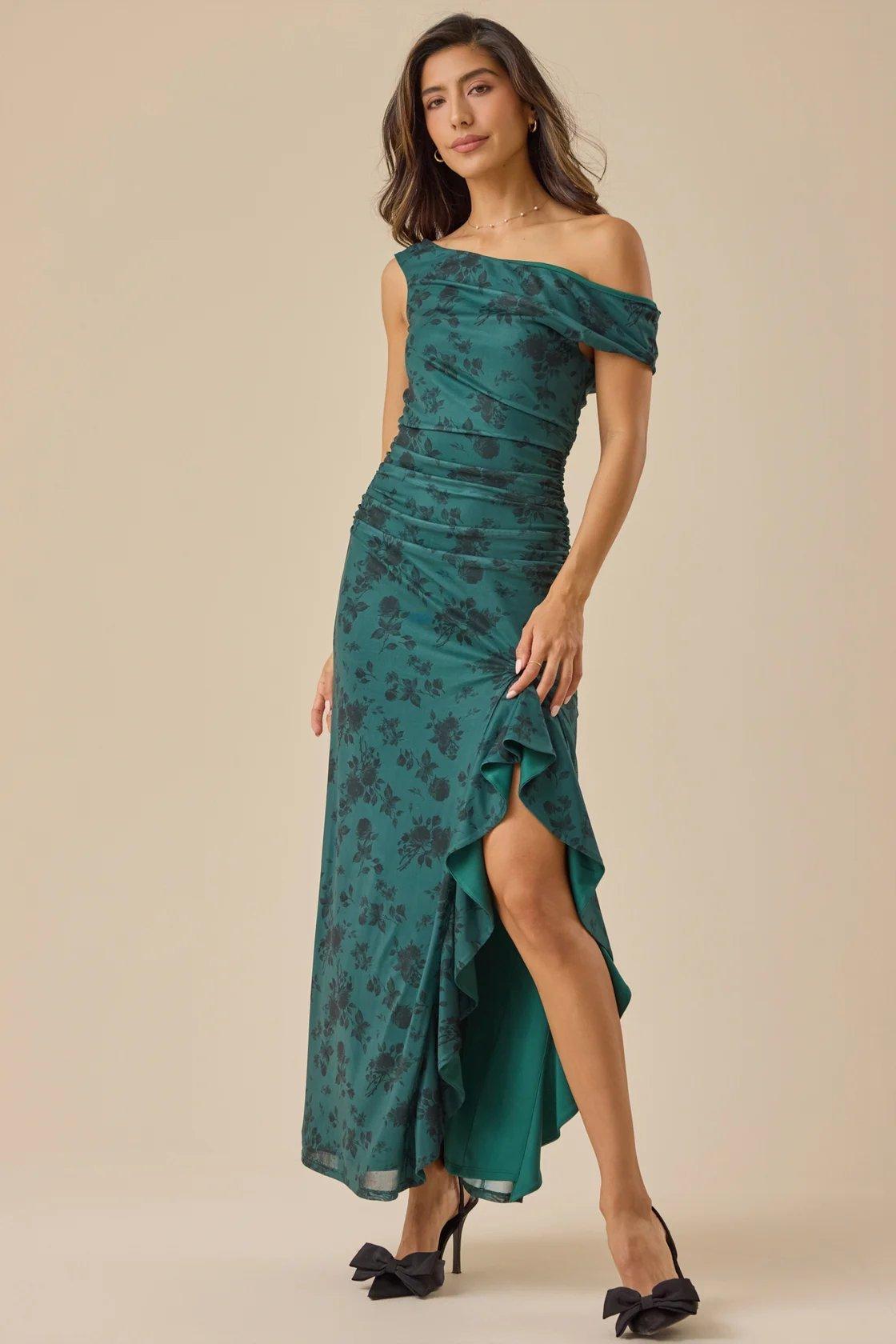 emerald green floral asymmetrical maxi dress