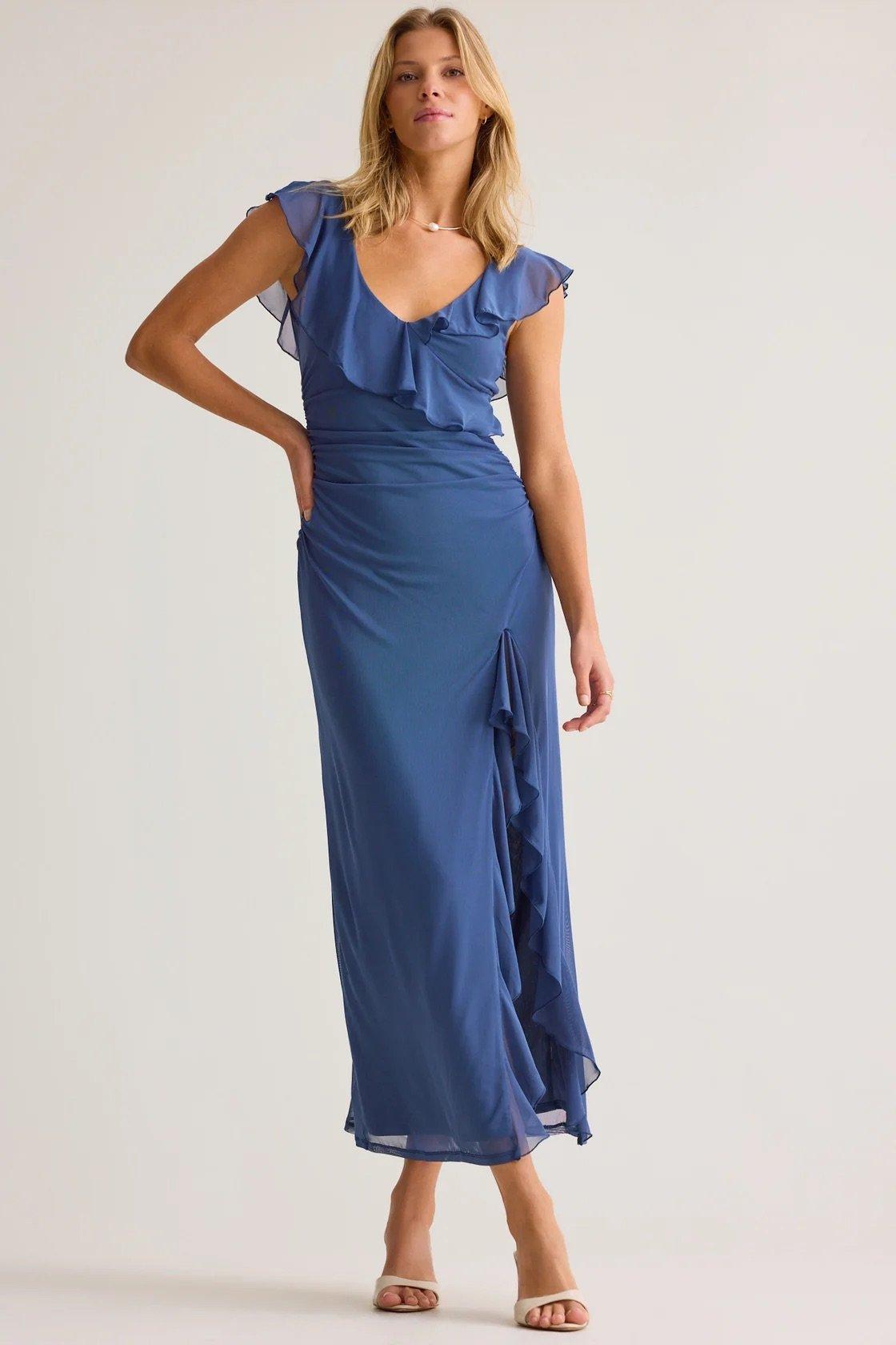blue v neck ruffle mesh maxi dress with leg slit