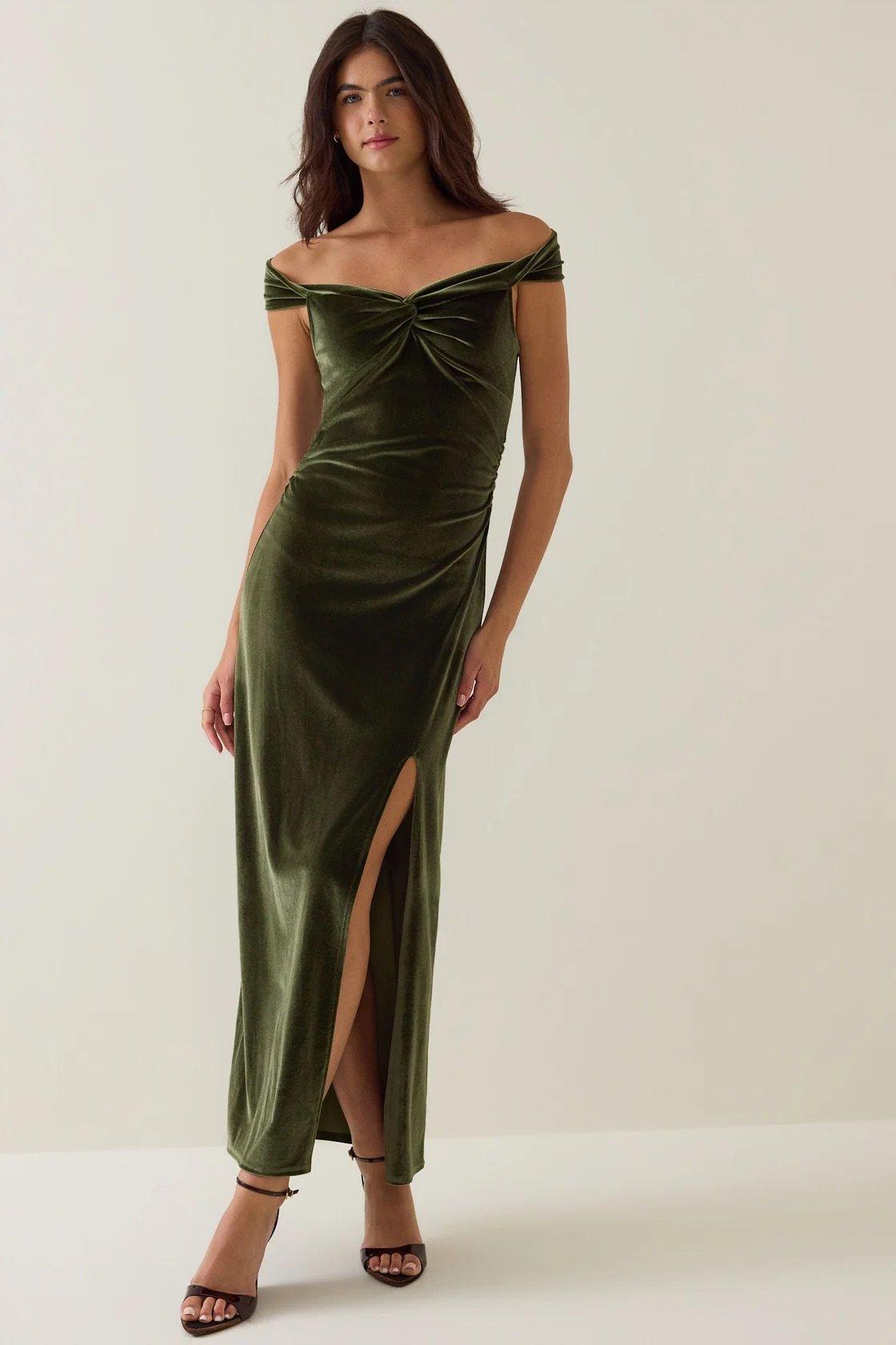 olive velvet maxi dress with off the shoulder twist sleeves