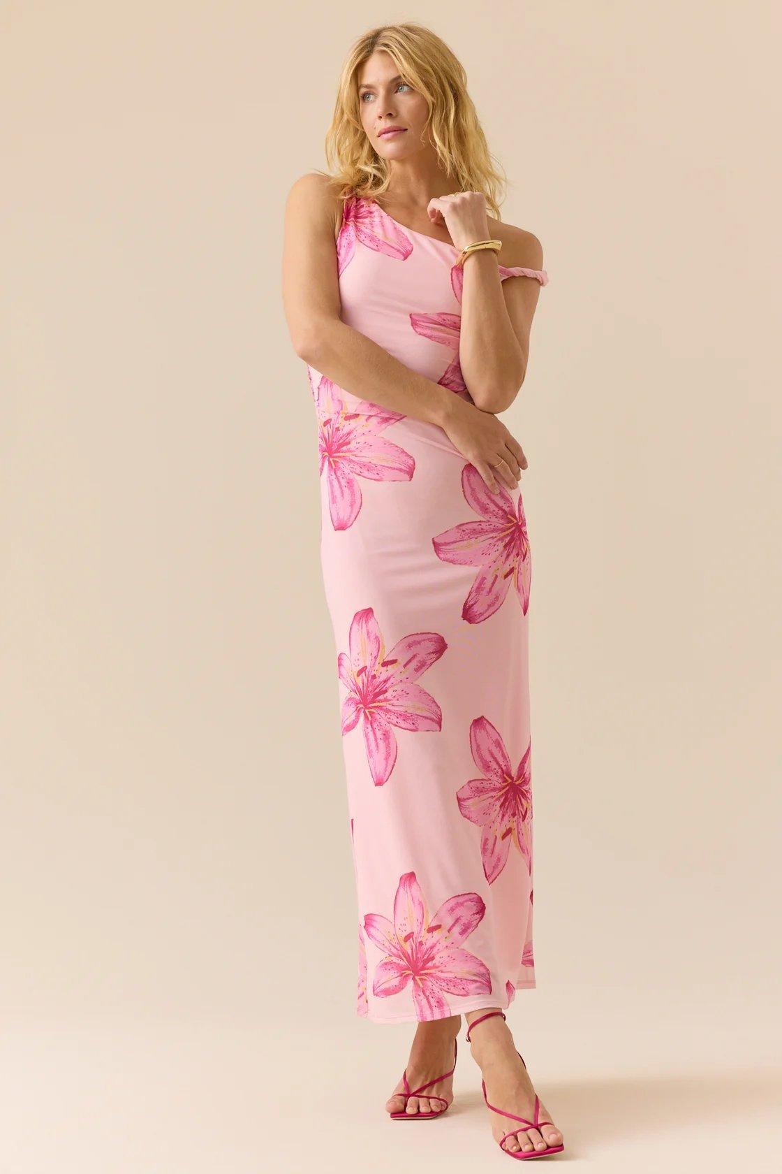 asymmetrical pink maxi dress with dark pink lily print