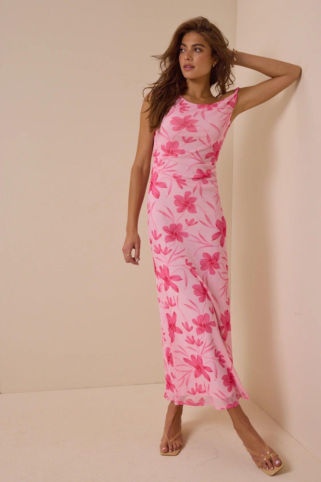 light pink maxi dress with dark pink florals