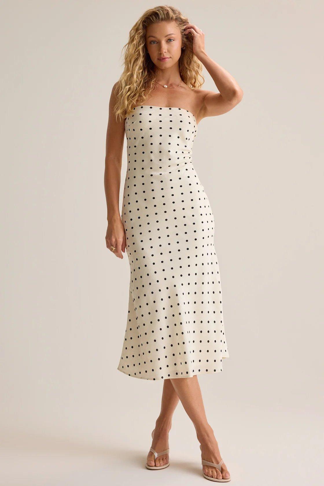 ivory strapless midi satin with black polka dots