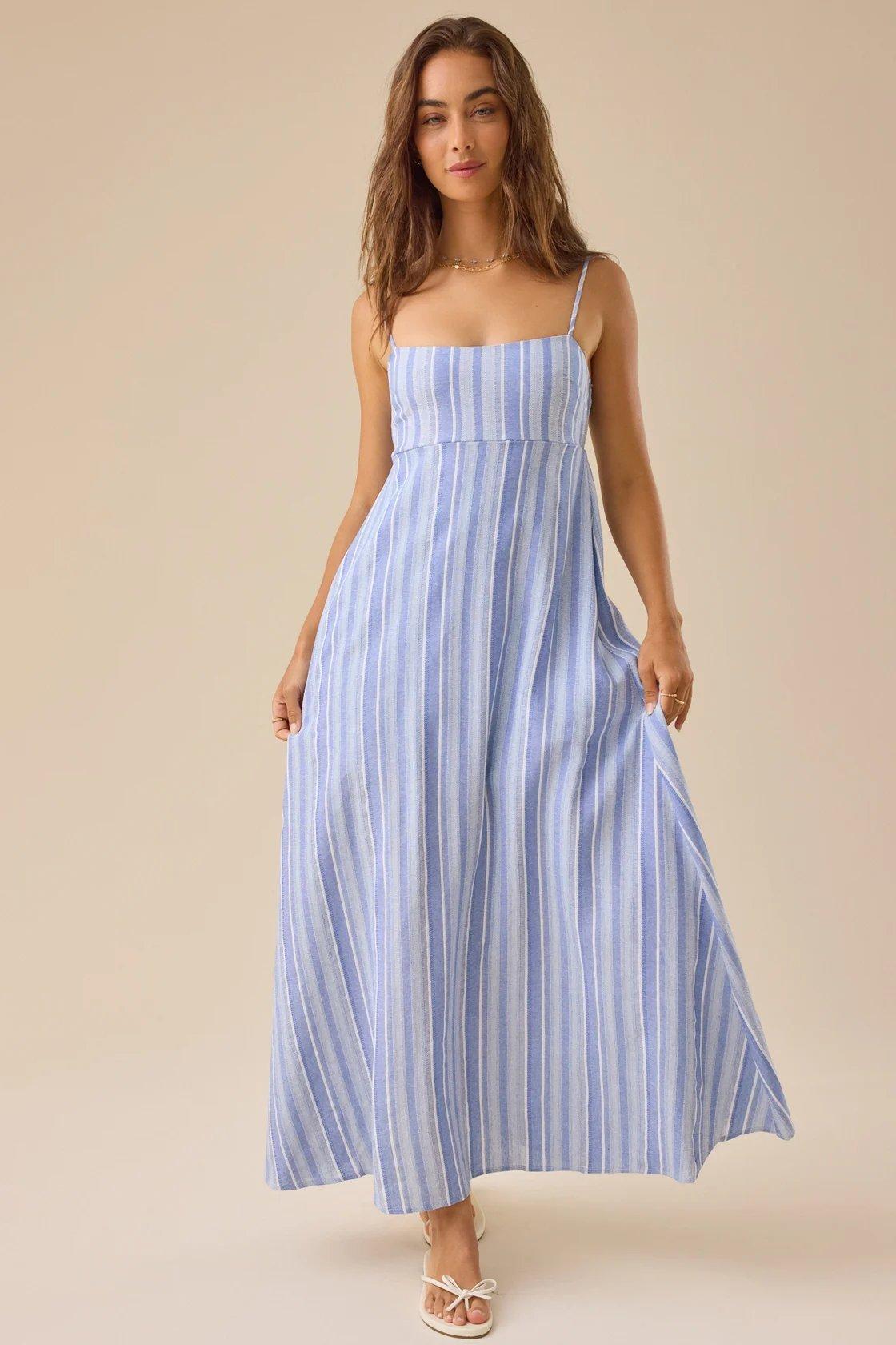 blue and white striped maxi dress