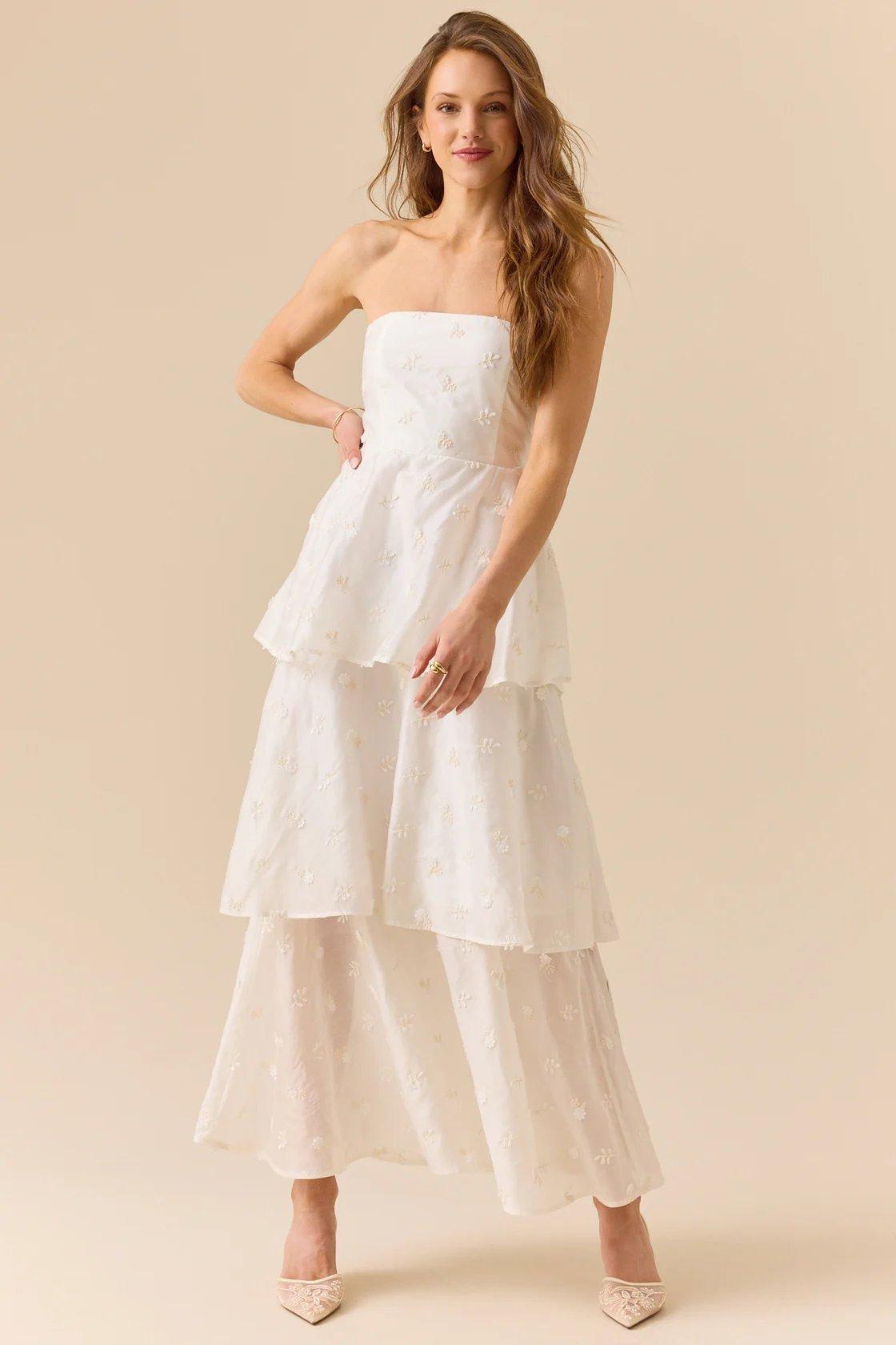 white sleeveless tiered maxi dress