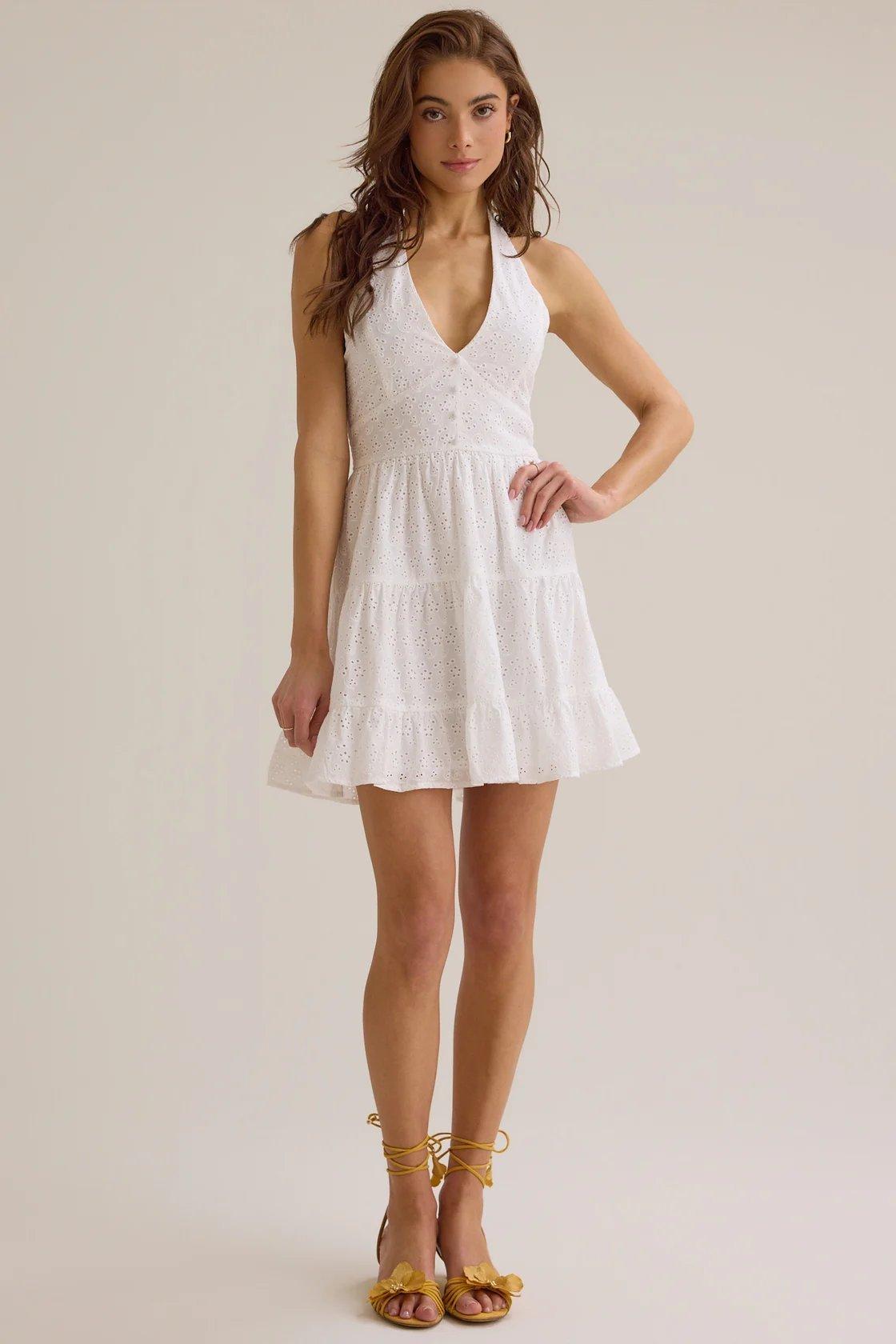 White halter neck eyelet mini dress