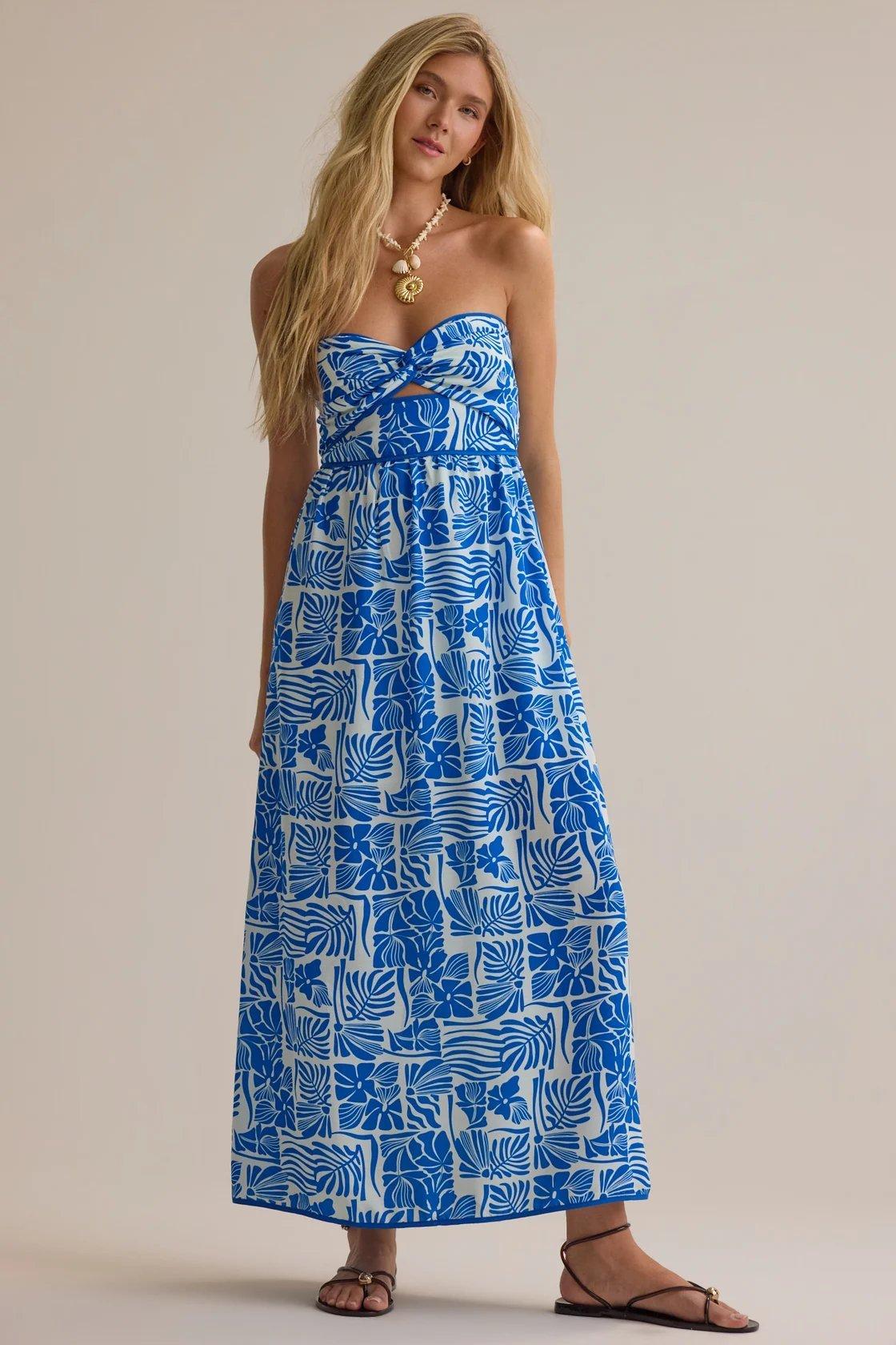 white and blue tropical print strapless maxi dress