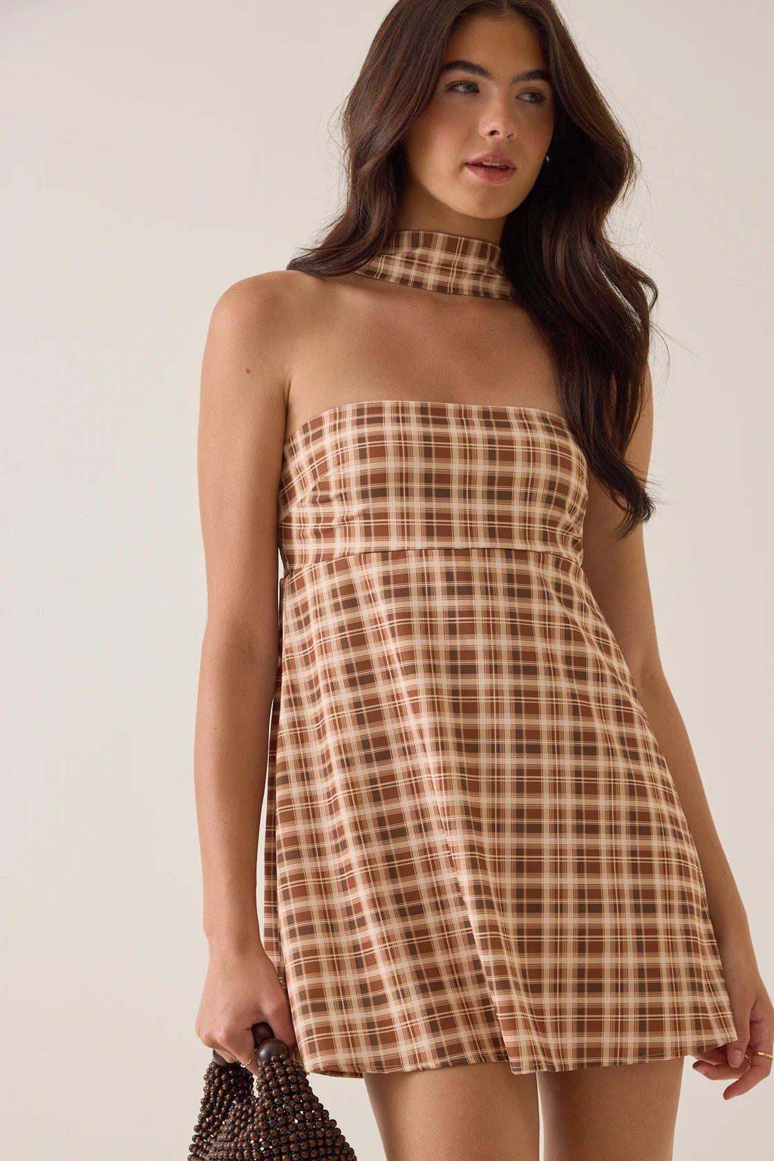 brown and white plaid strapless romper