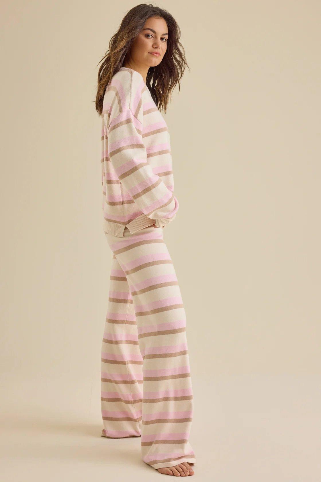 pink, brown, white striped long sleeve top