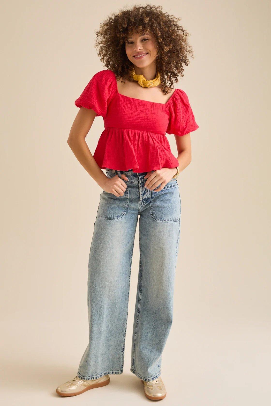 red tie back babydoll top