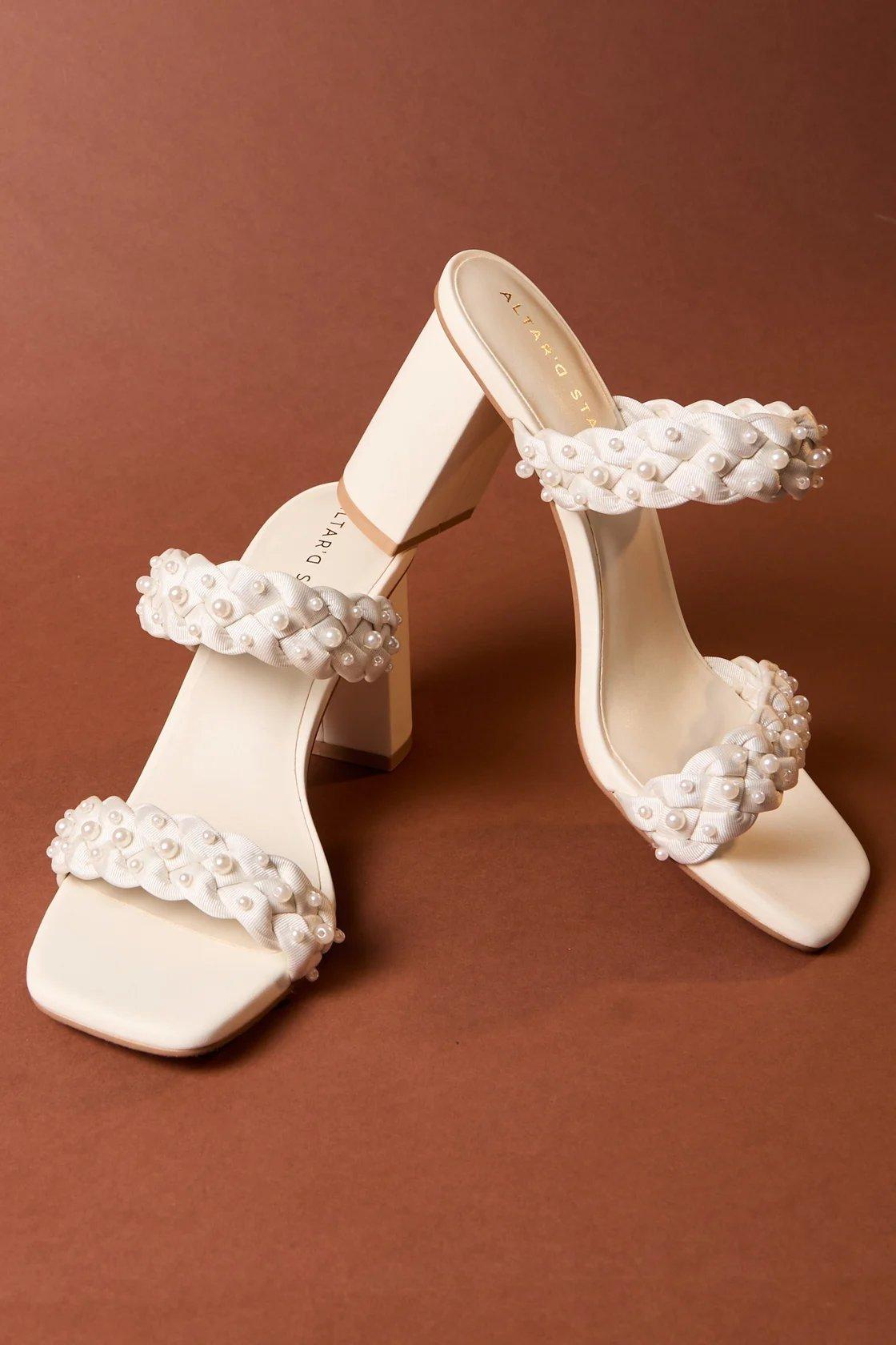 white braided pearl heels