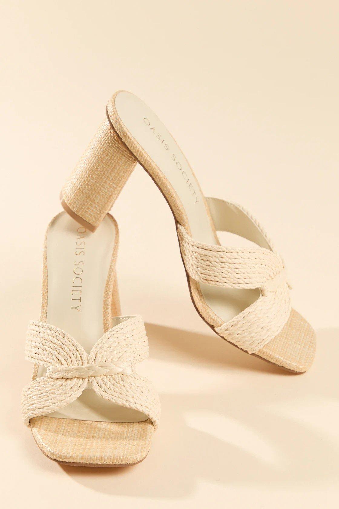Block heels with woven straps