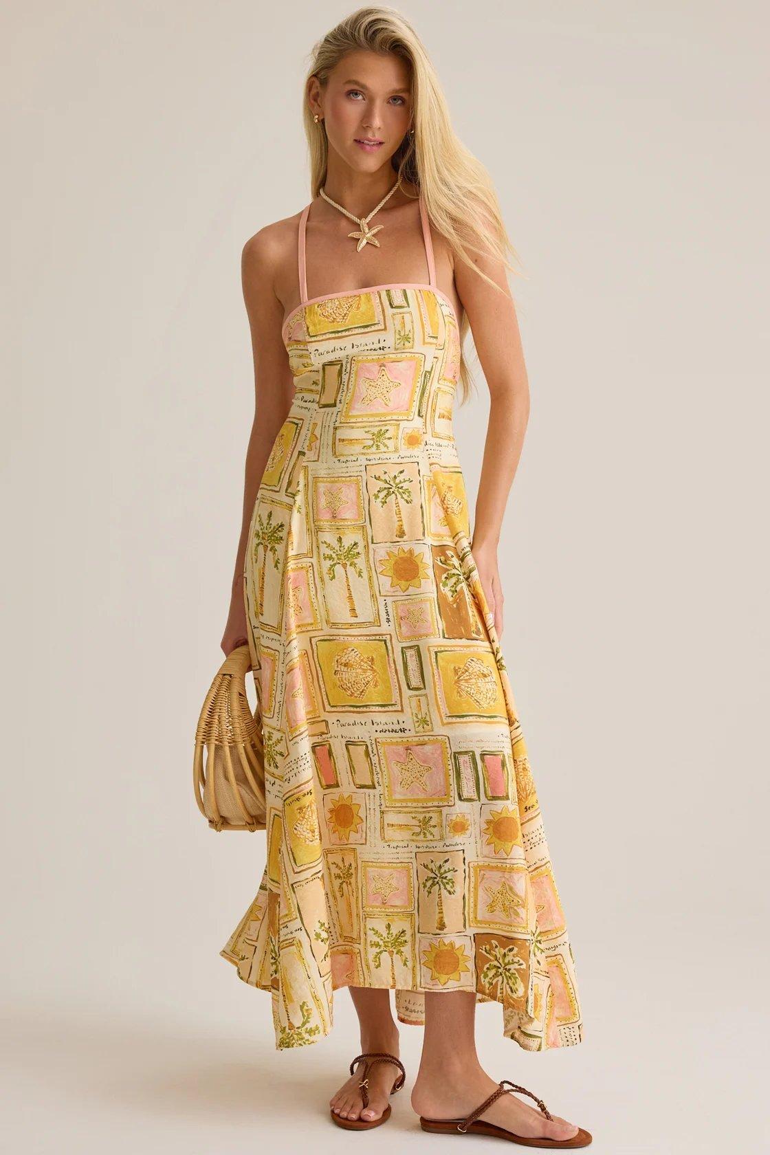 yellow tropical patterned maxi dress