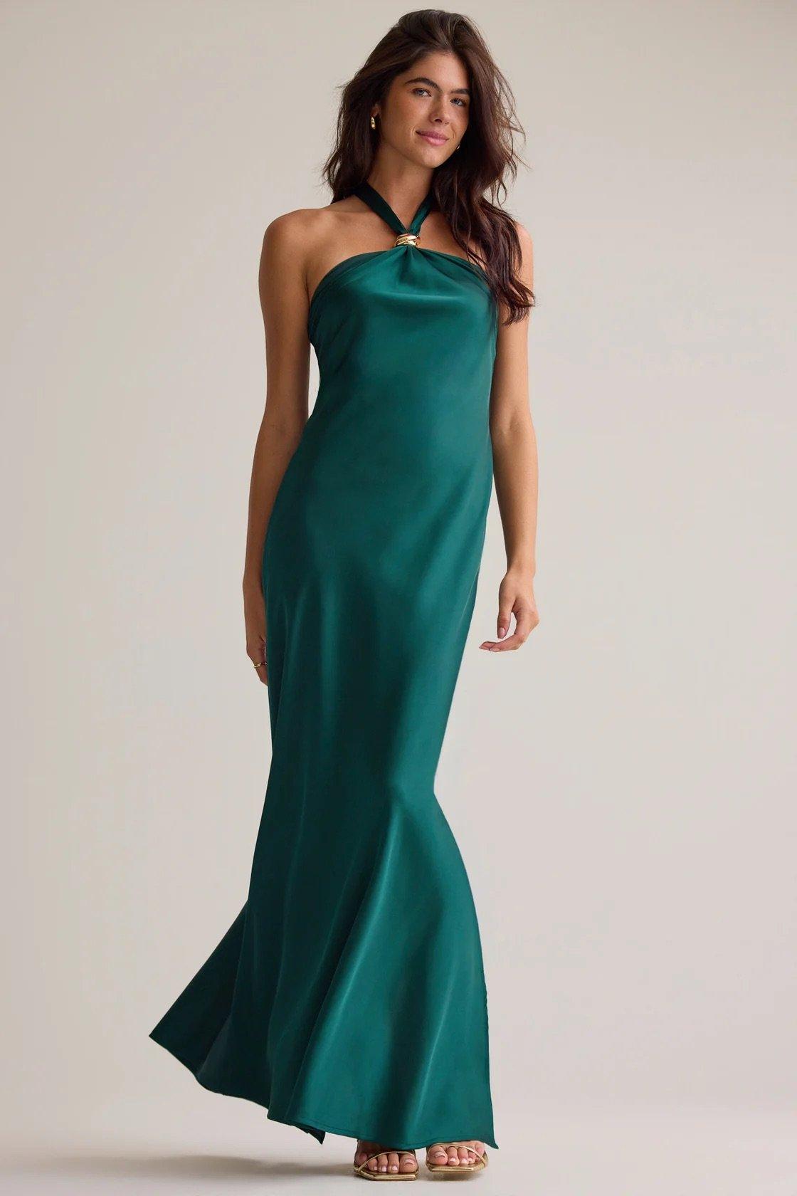 pine green satin maxi dress with gold statement halter necktie