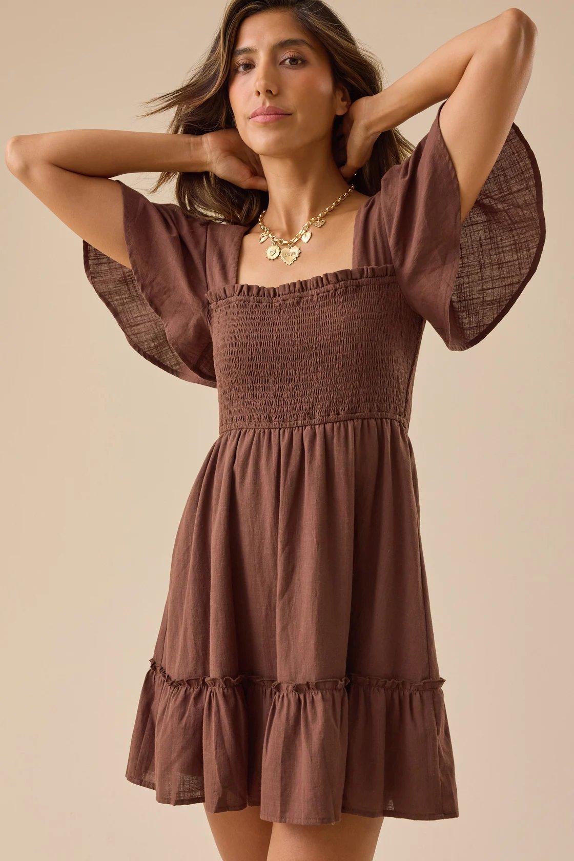 brown puff sleeve mini dress