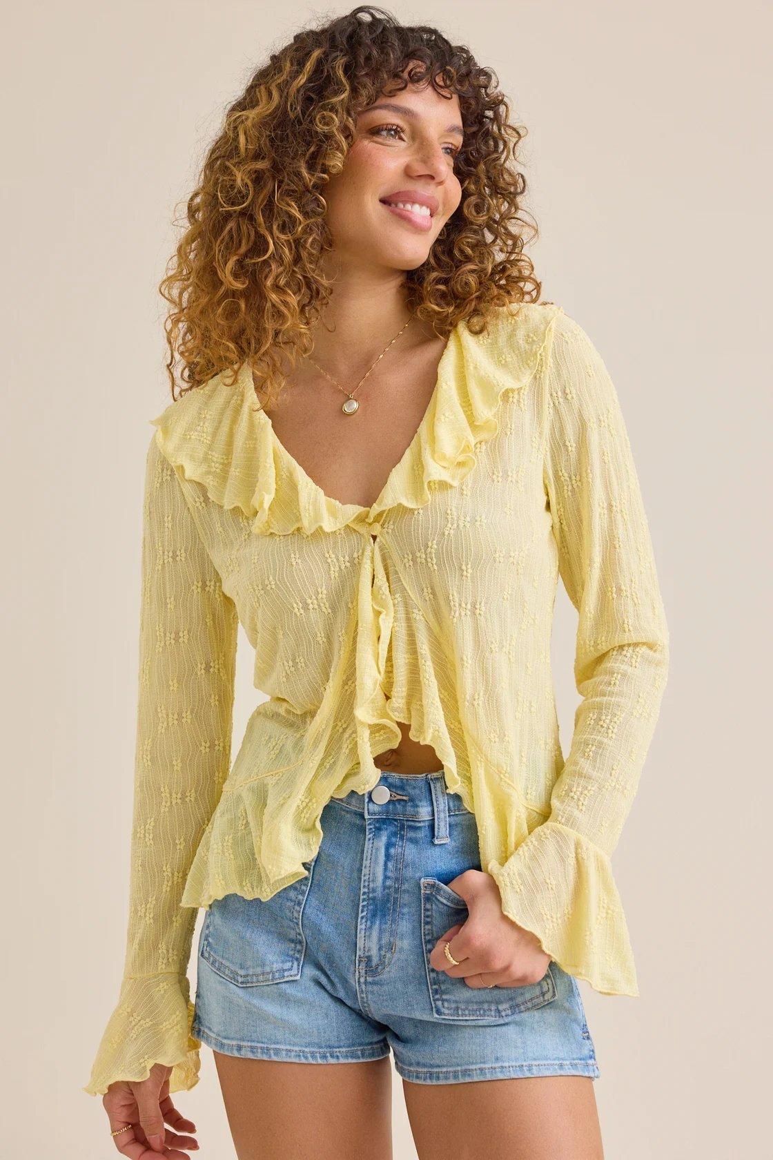 yellow embroidered ruffle cardigan