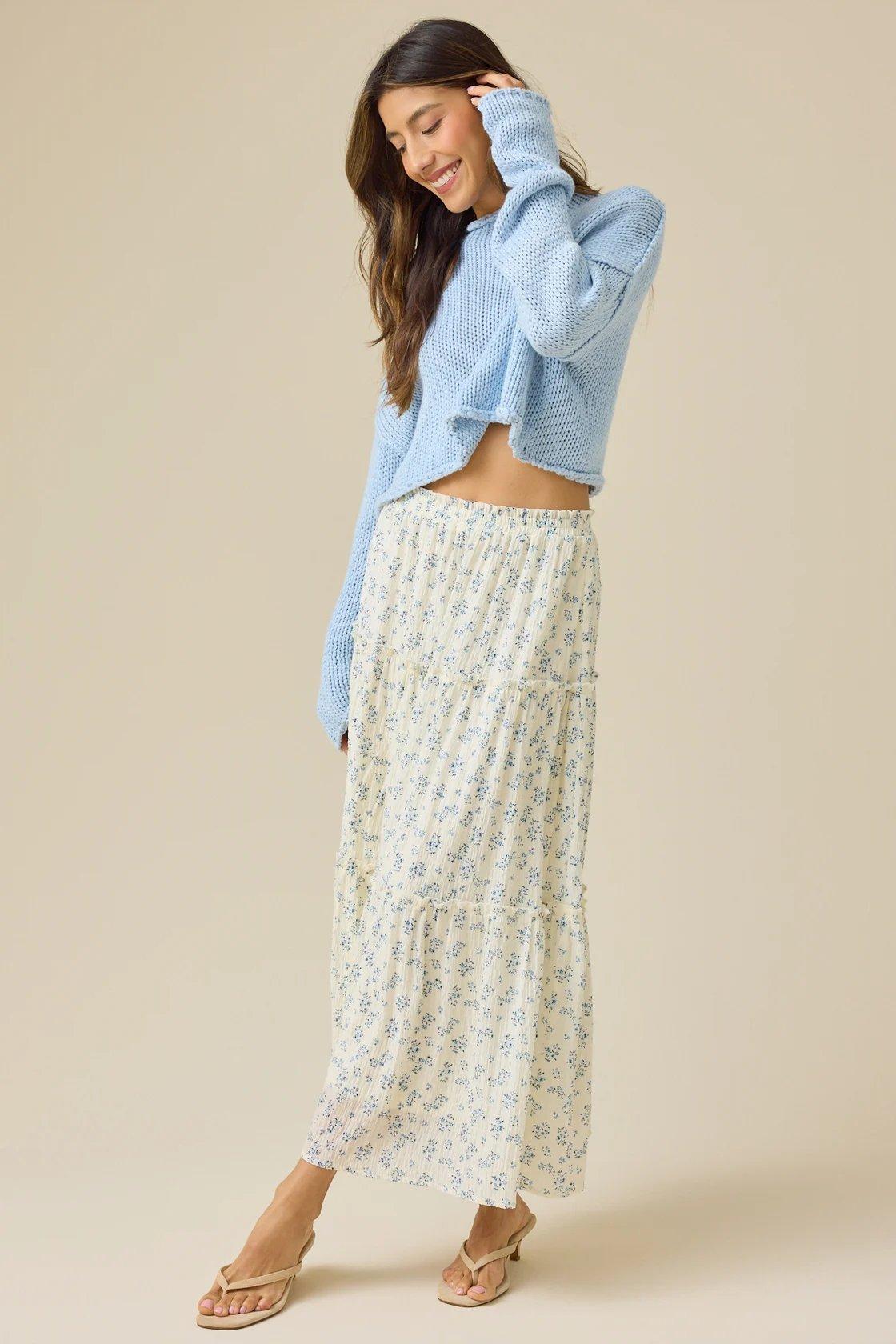 white maxi skirt with light blue flowers
