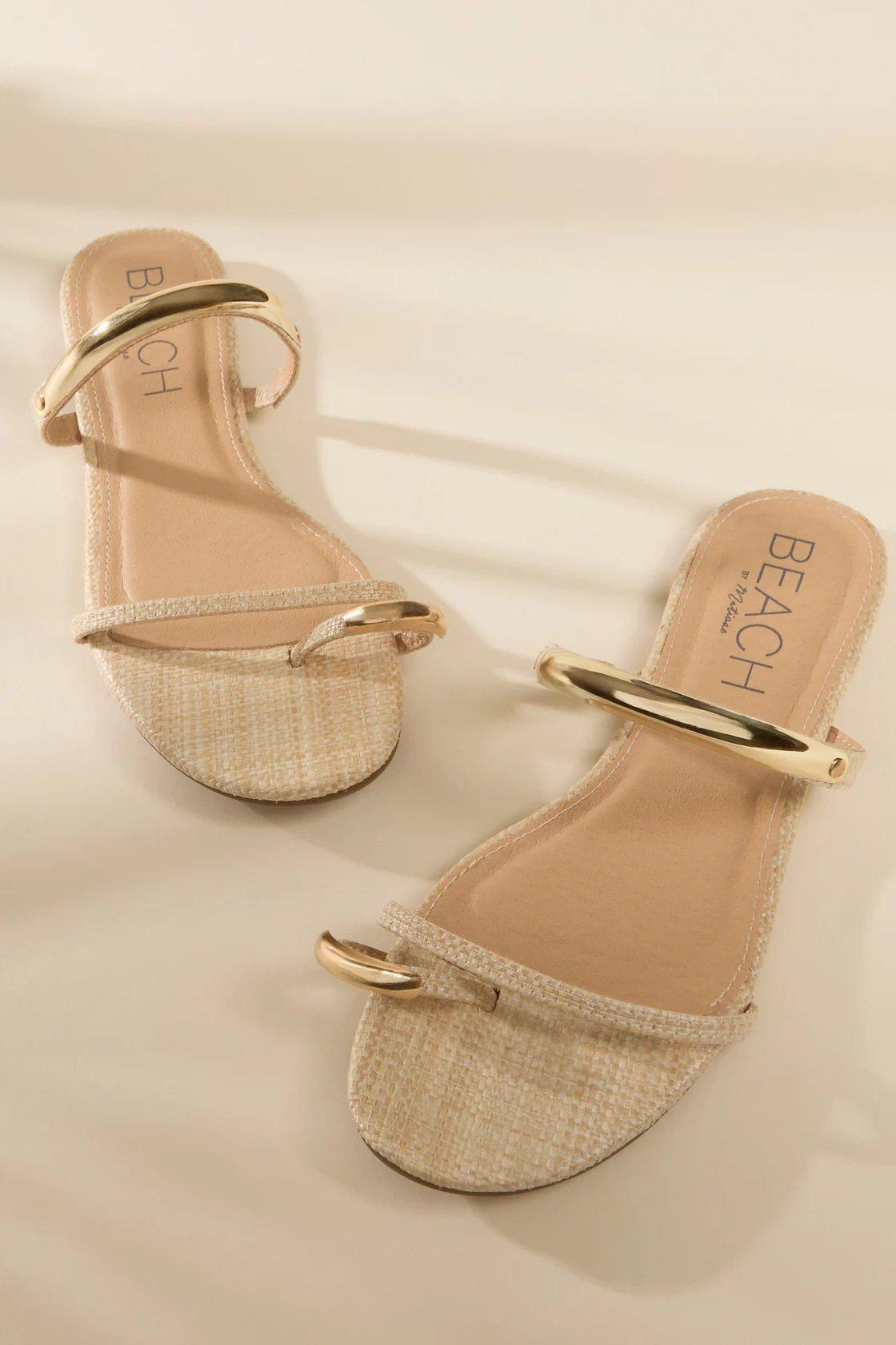 gold and beige sandals