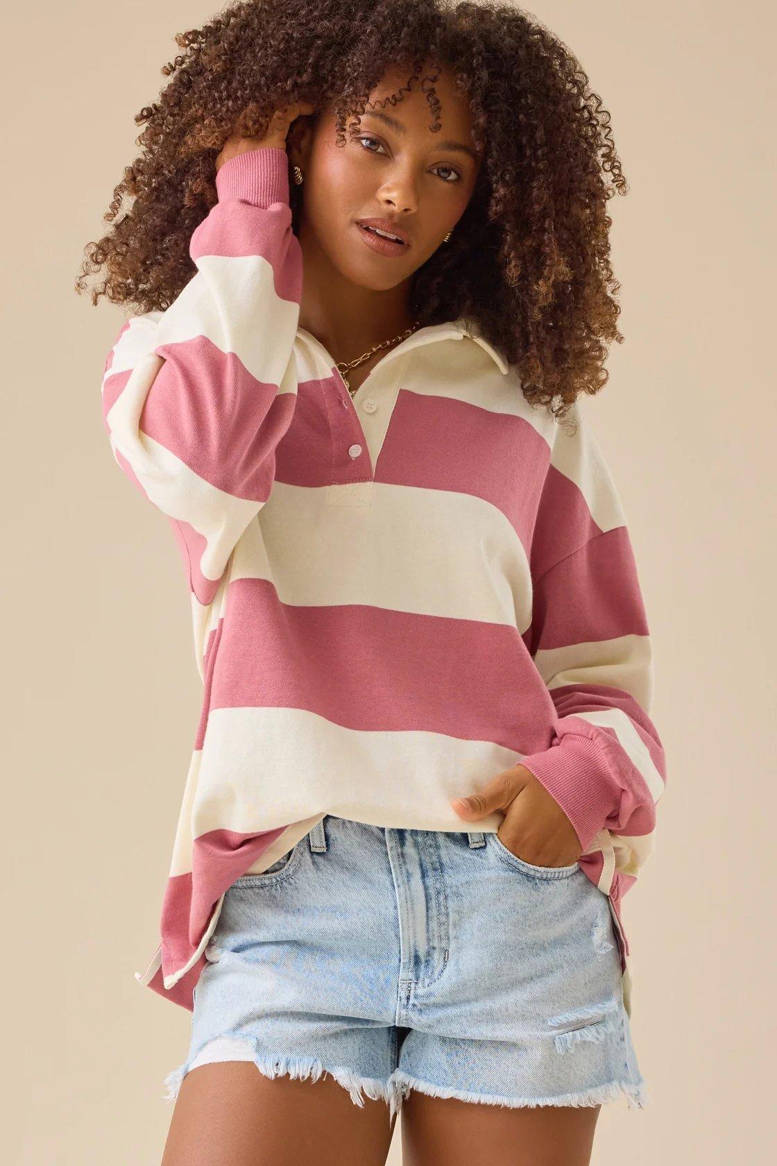 ivory and pink strip rugby polo
