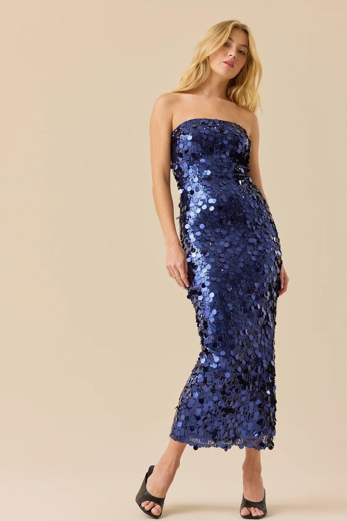 dark blue sequin strapless maxi dress