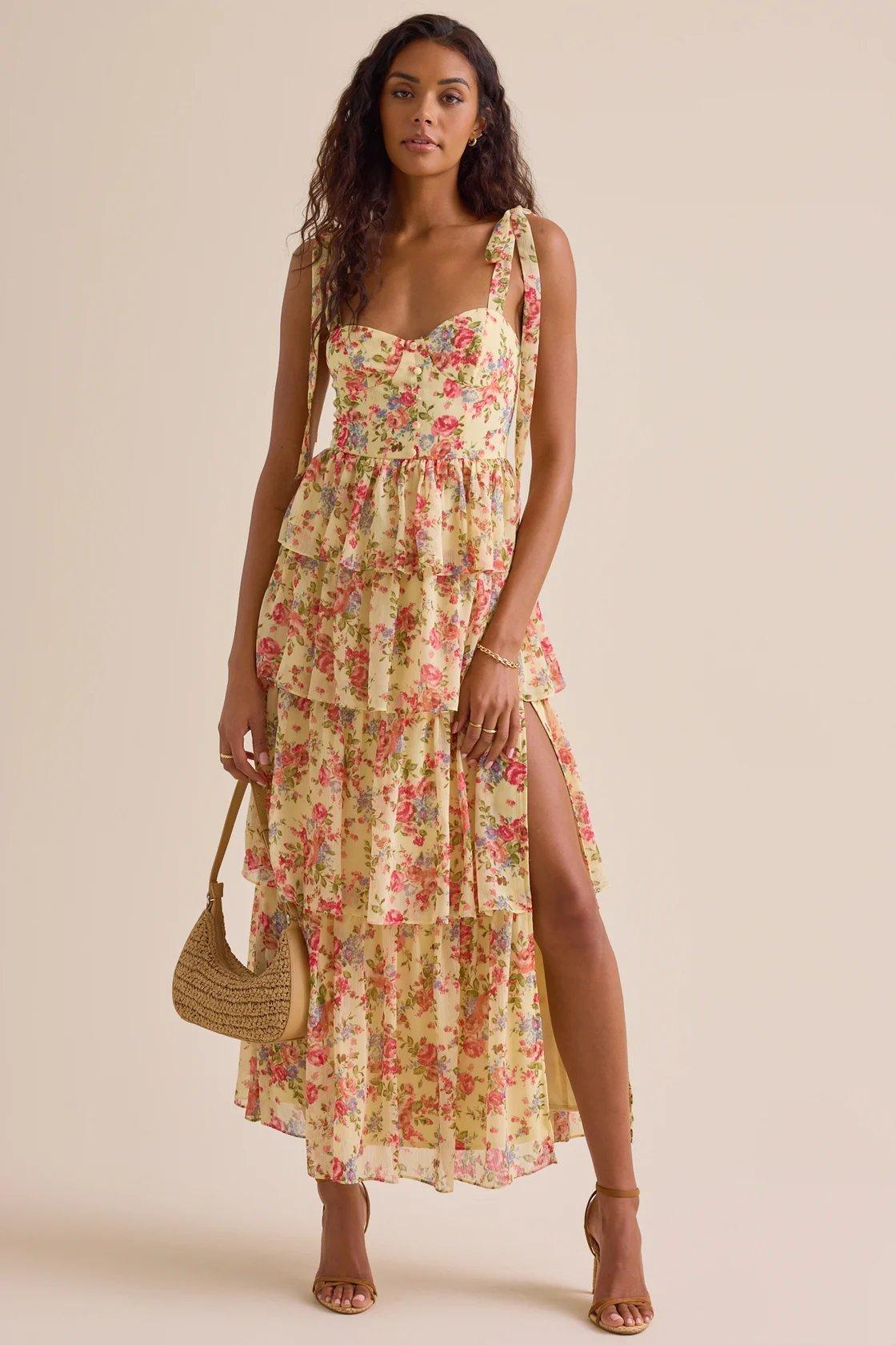 yellow floral tiered maxi dress