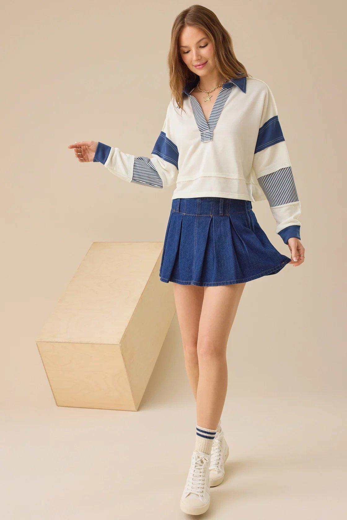 white and blue cropped polo pullover