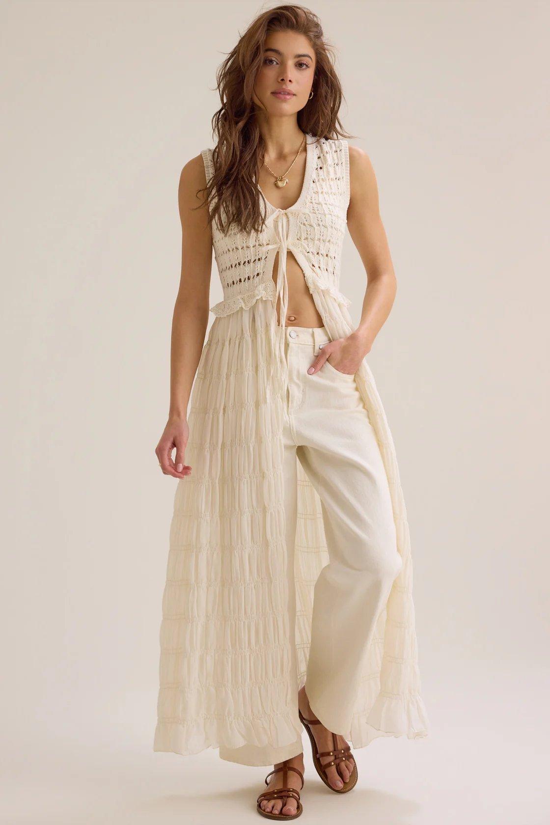 long cream white tie front kimono
