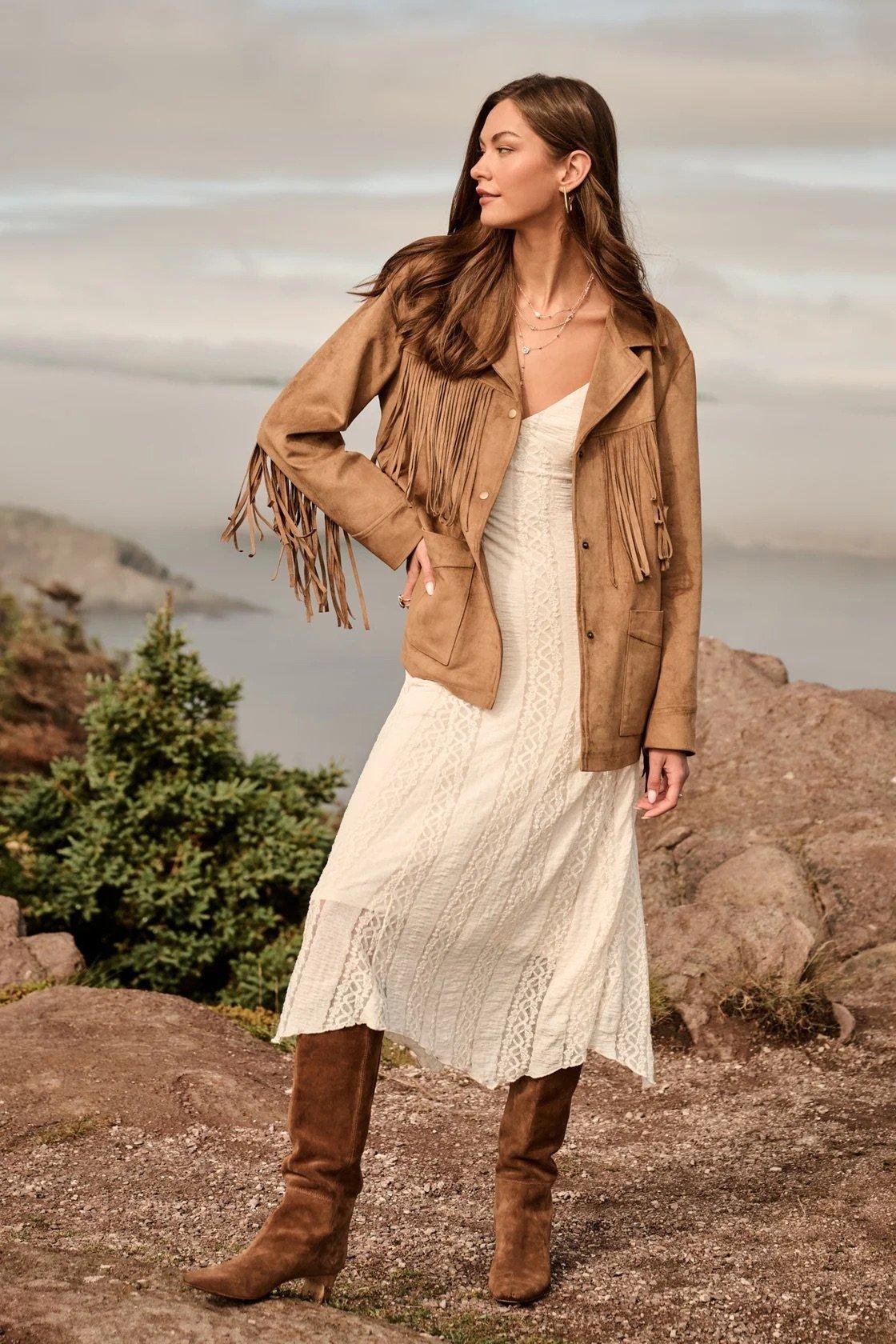 light suede jacket with western fringe detailing