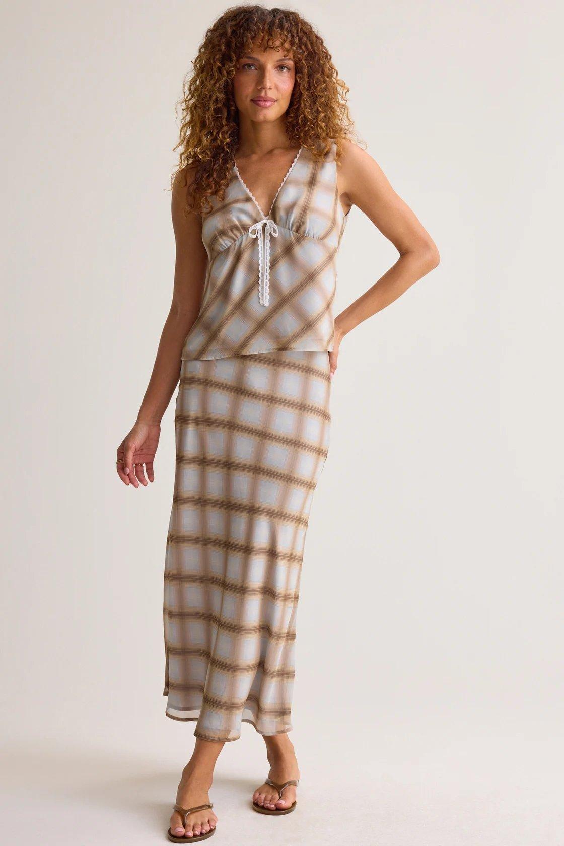blue and brown plaid vest blouse and matching maxi skirt