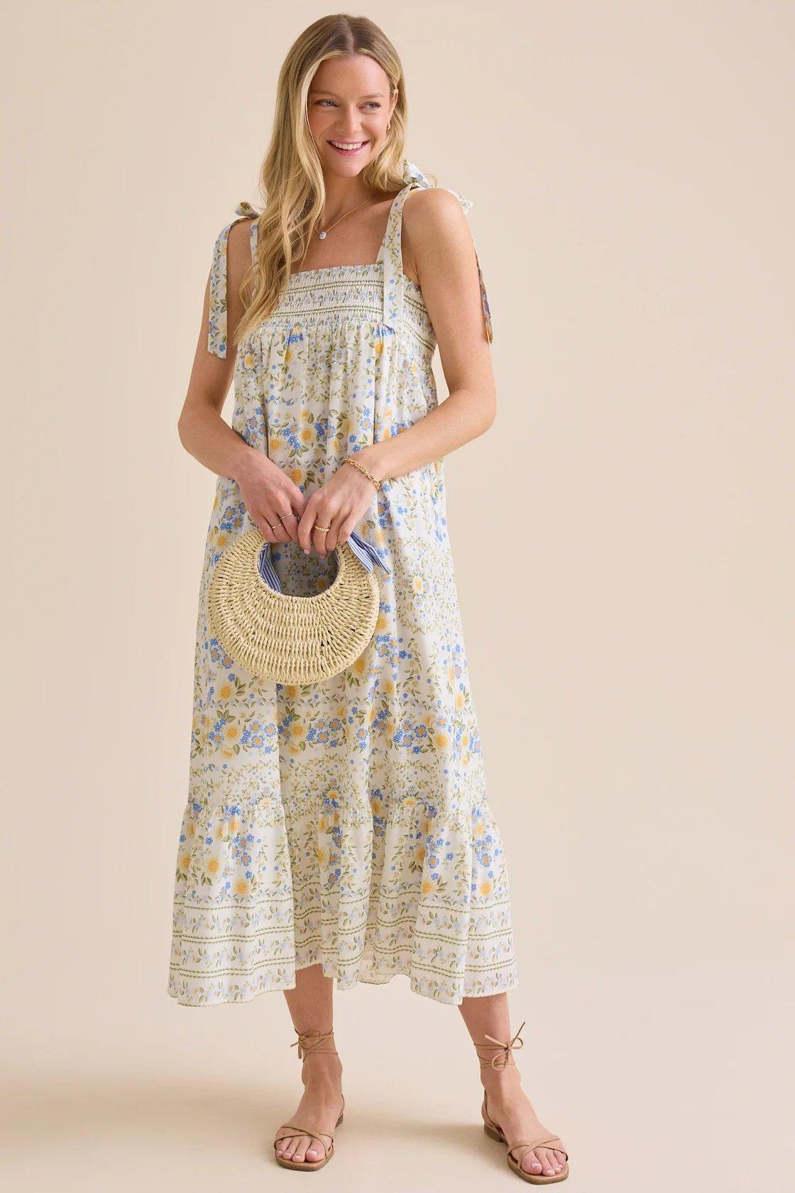 sleeveless floral maxi dress with adjustable tie-shoulder straps