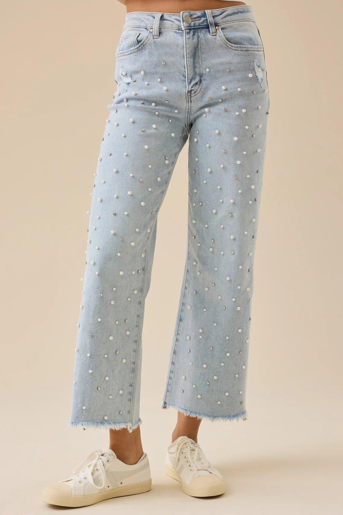 light wash embellished jeans