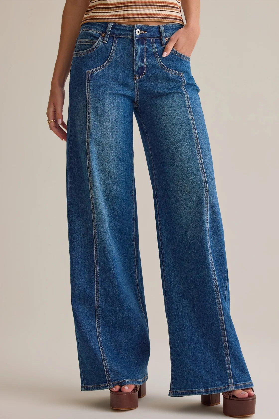 medium wash wide leg mid rise jeans