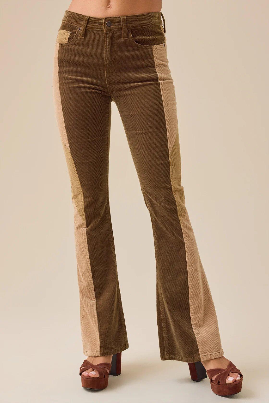 high rise two-toned corduroy flare pants