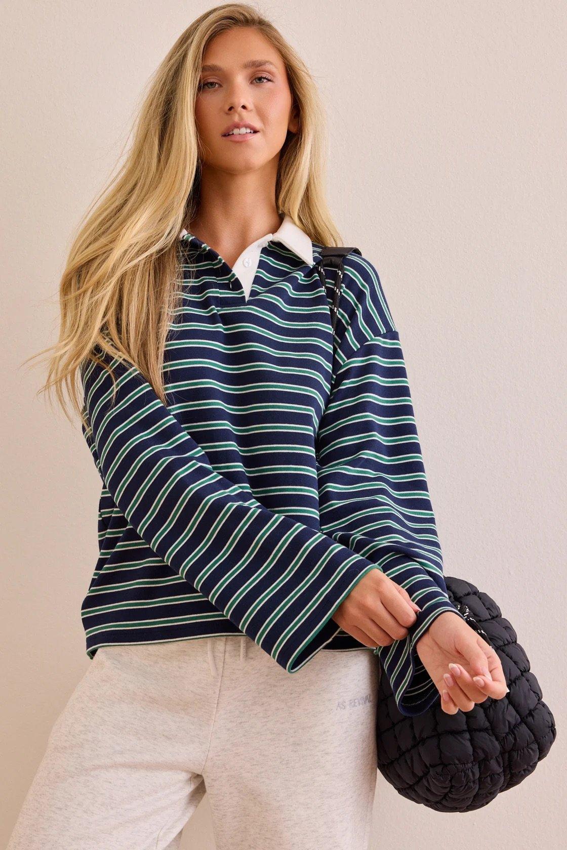 navy green and white striped long sleeve collared polo