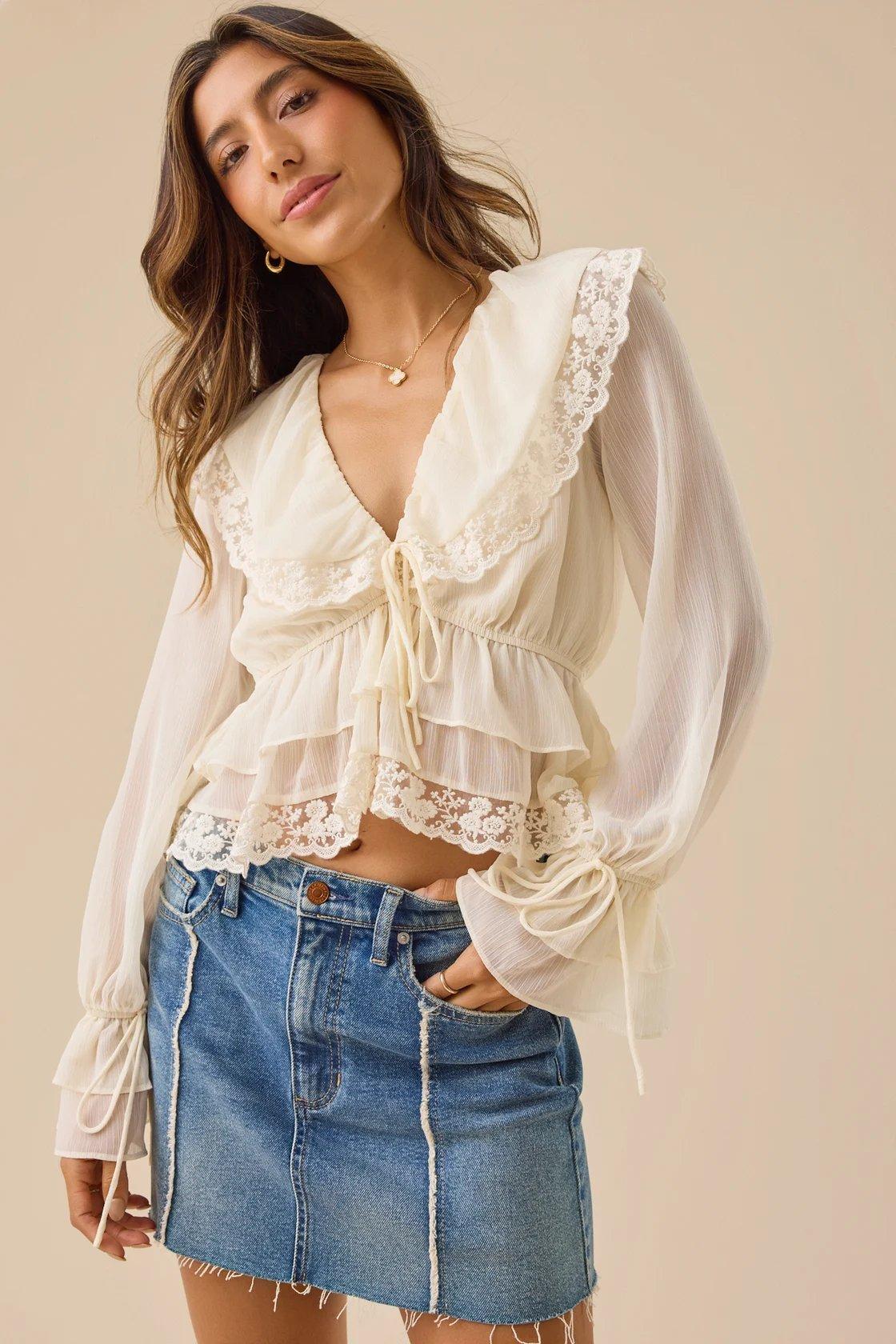 white lace ruffle blouse