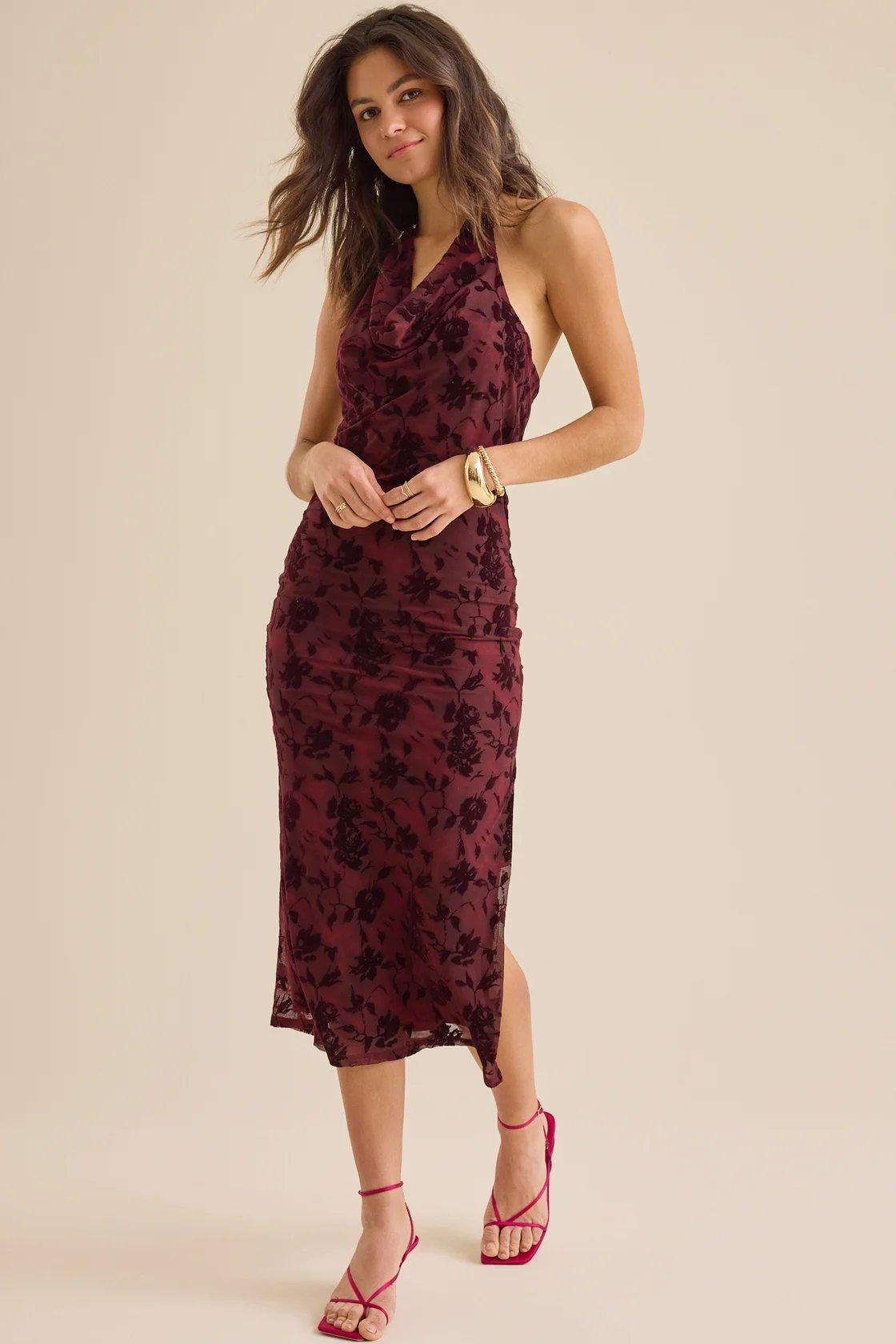 burgundy cowl neck midi dress