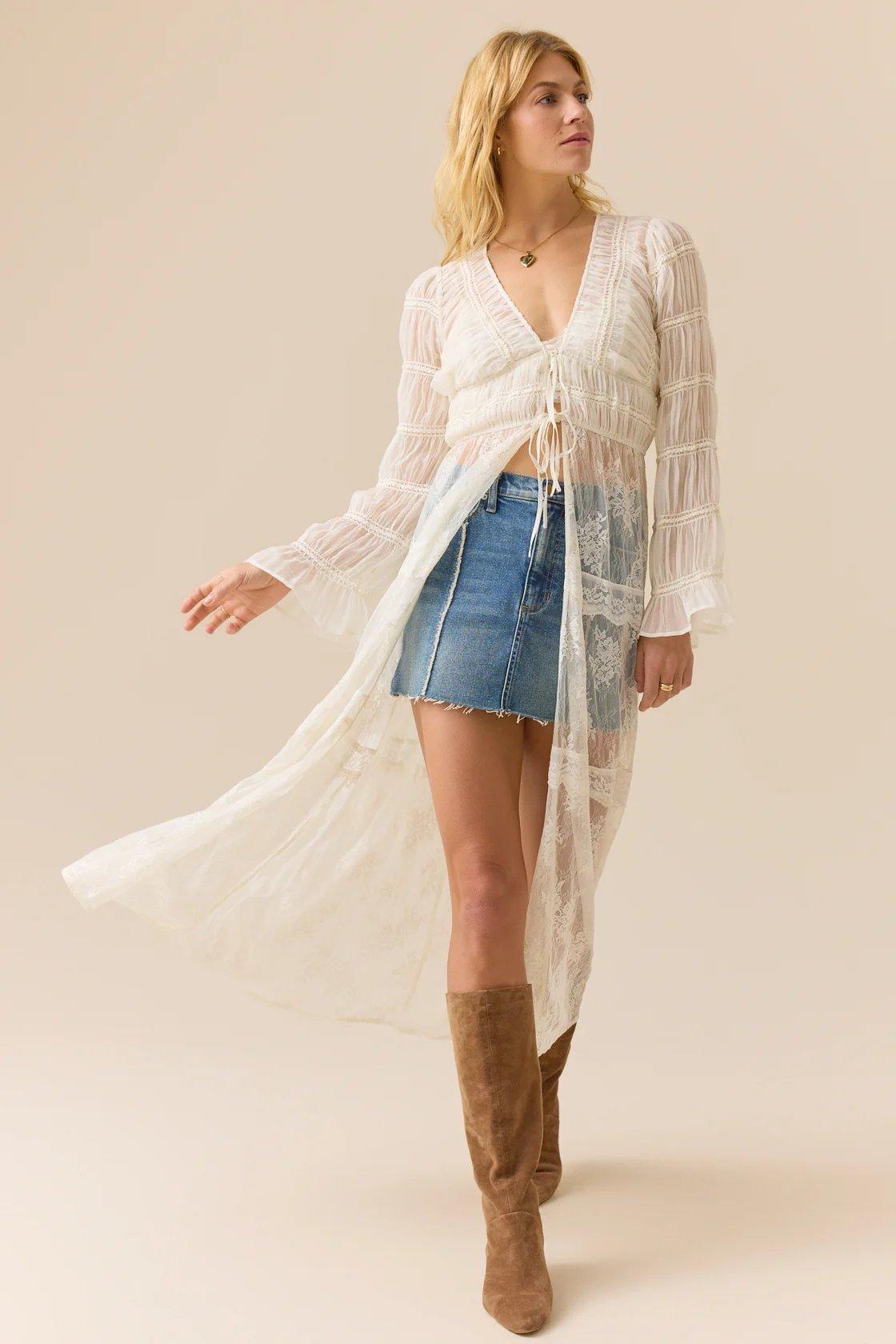 white lace tie front kimono