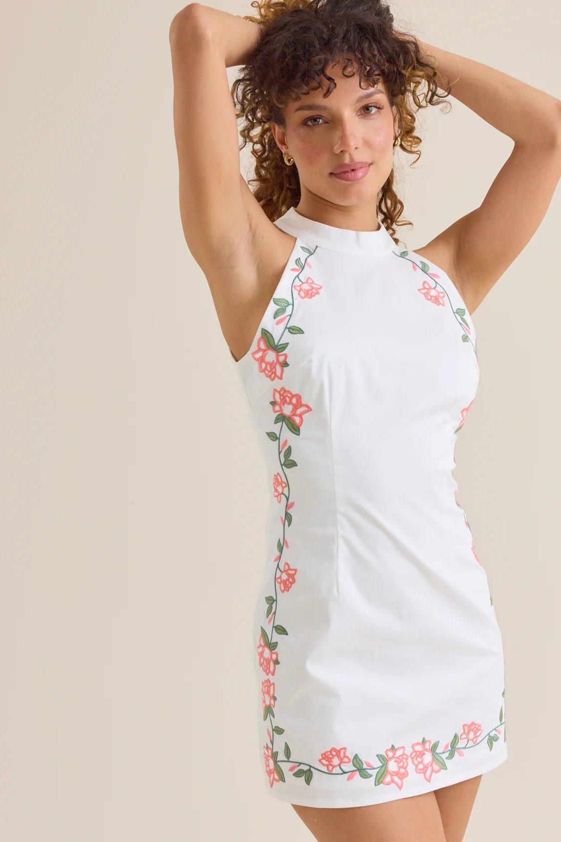 white halter neck embroidered mini dress