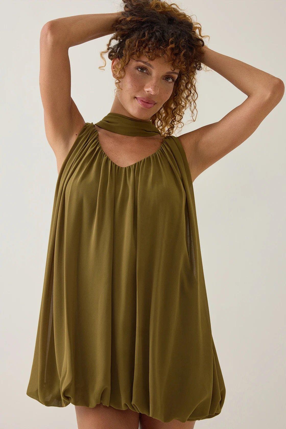 olive v beck mini dress with bubble silhouette and neck scarf