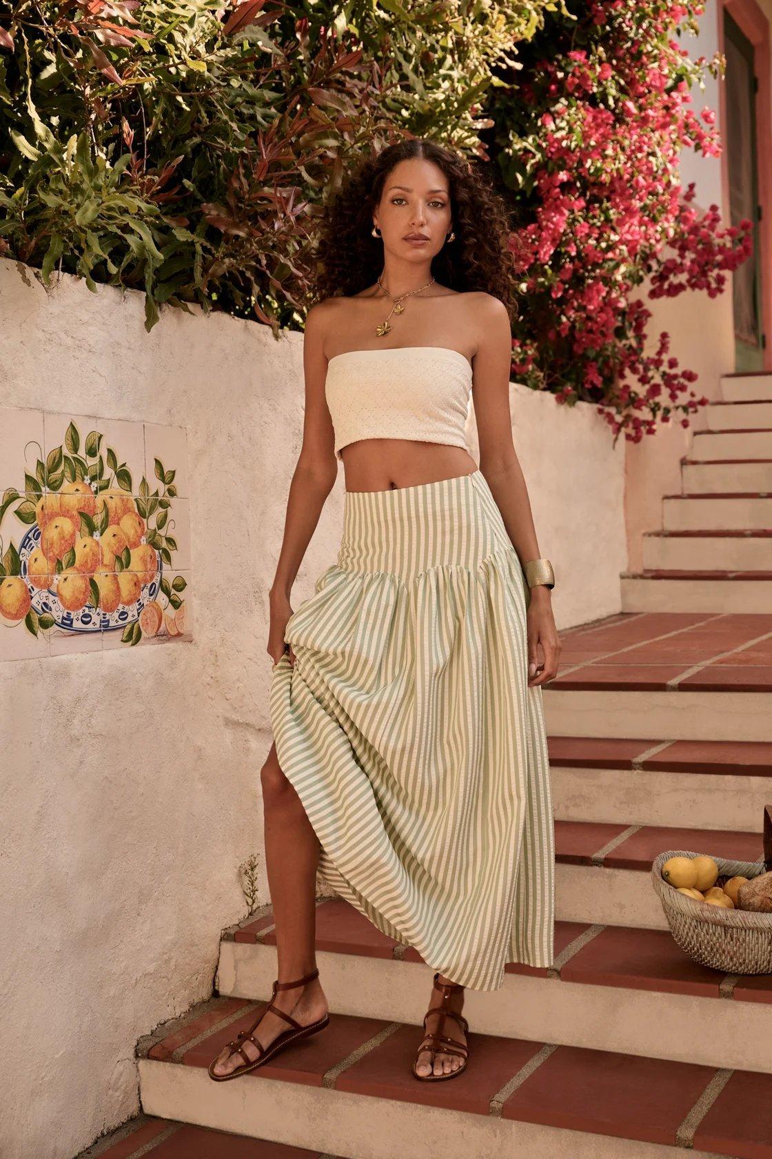 ivory and sage green striped maxi skirt