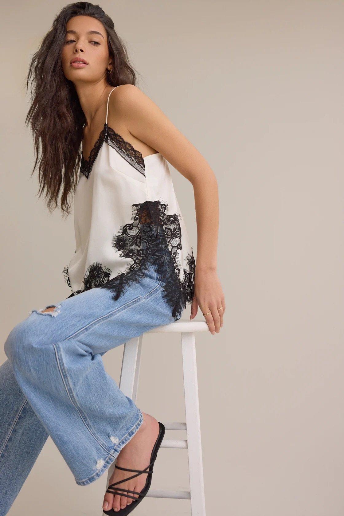 white satin longline tank top with black lace trimming