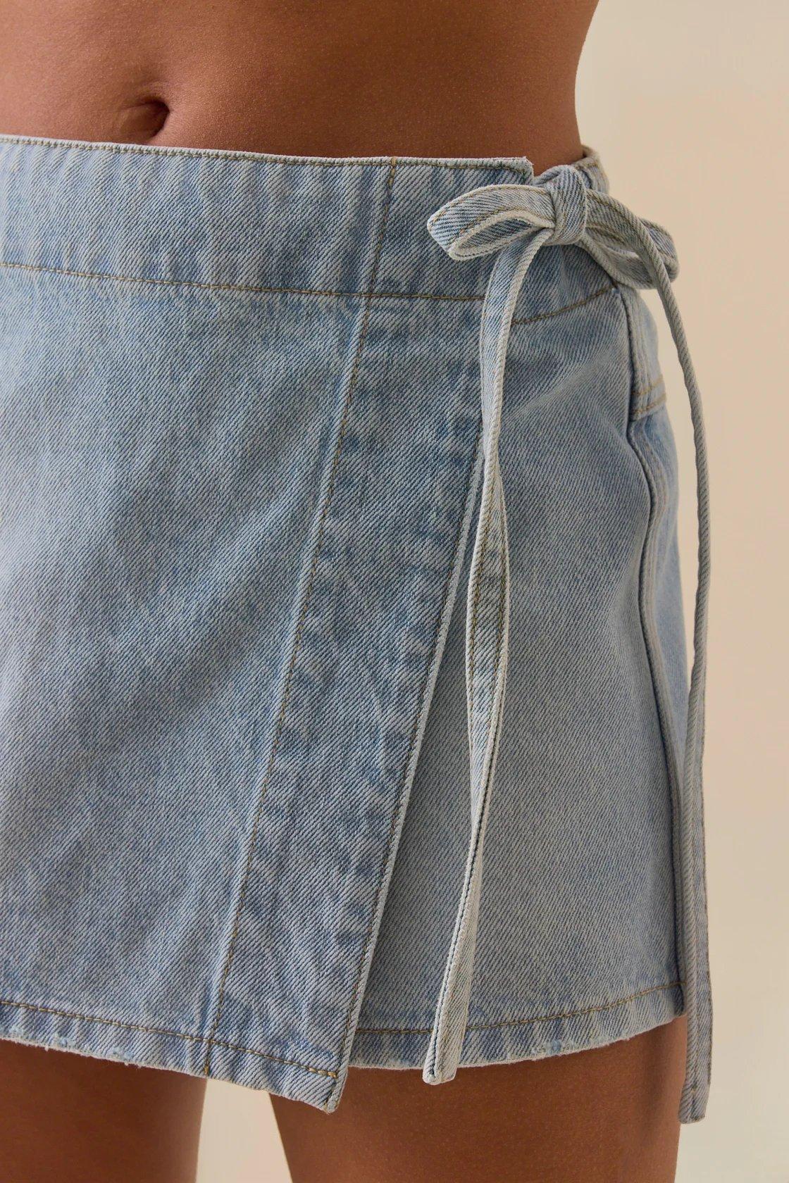 light wash denim side tie skort