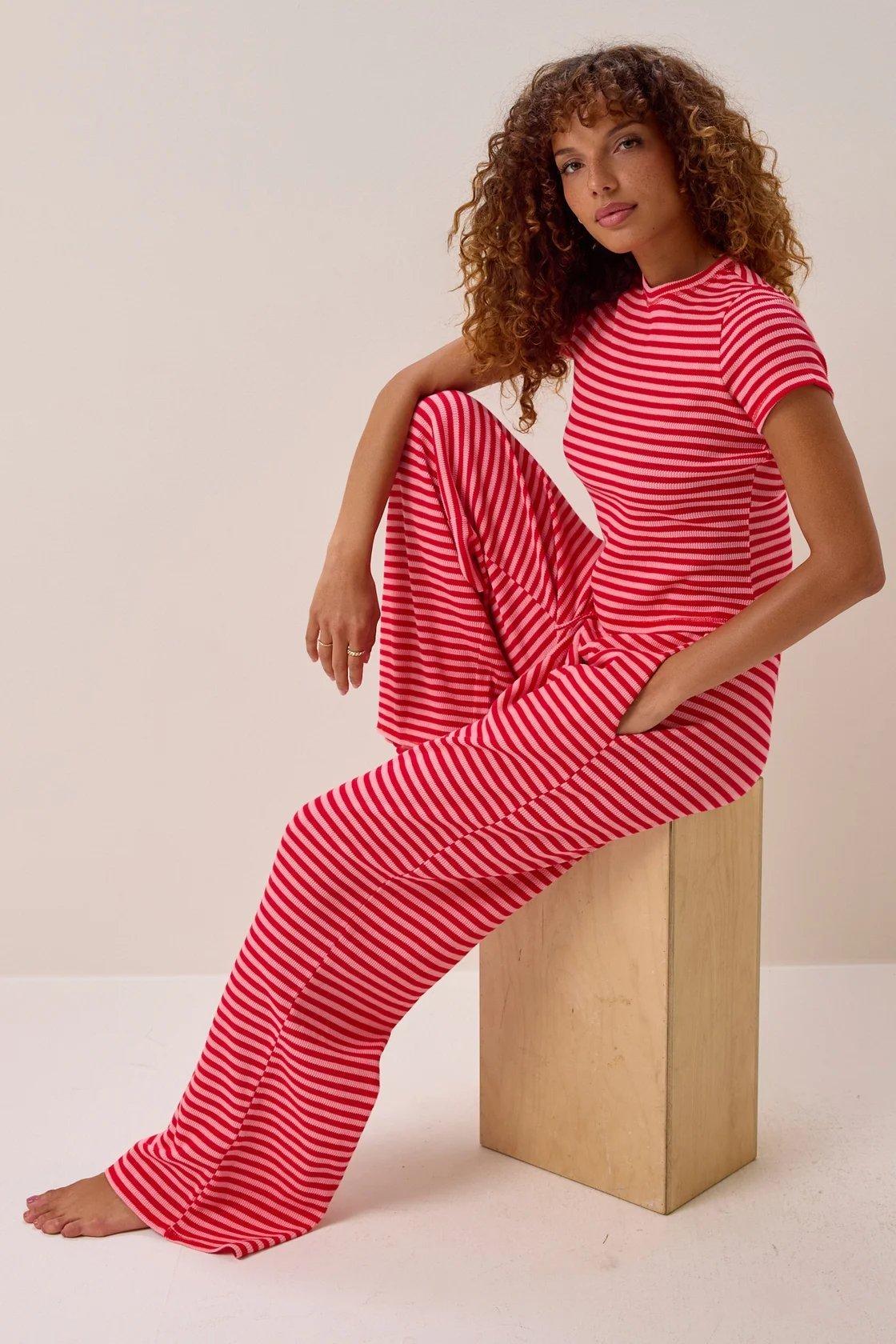 pink and red stripe pajama set