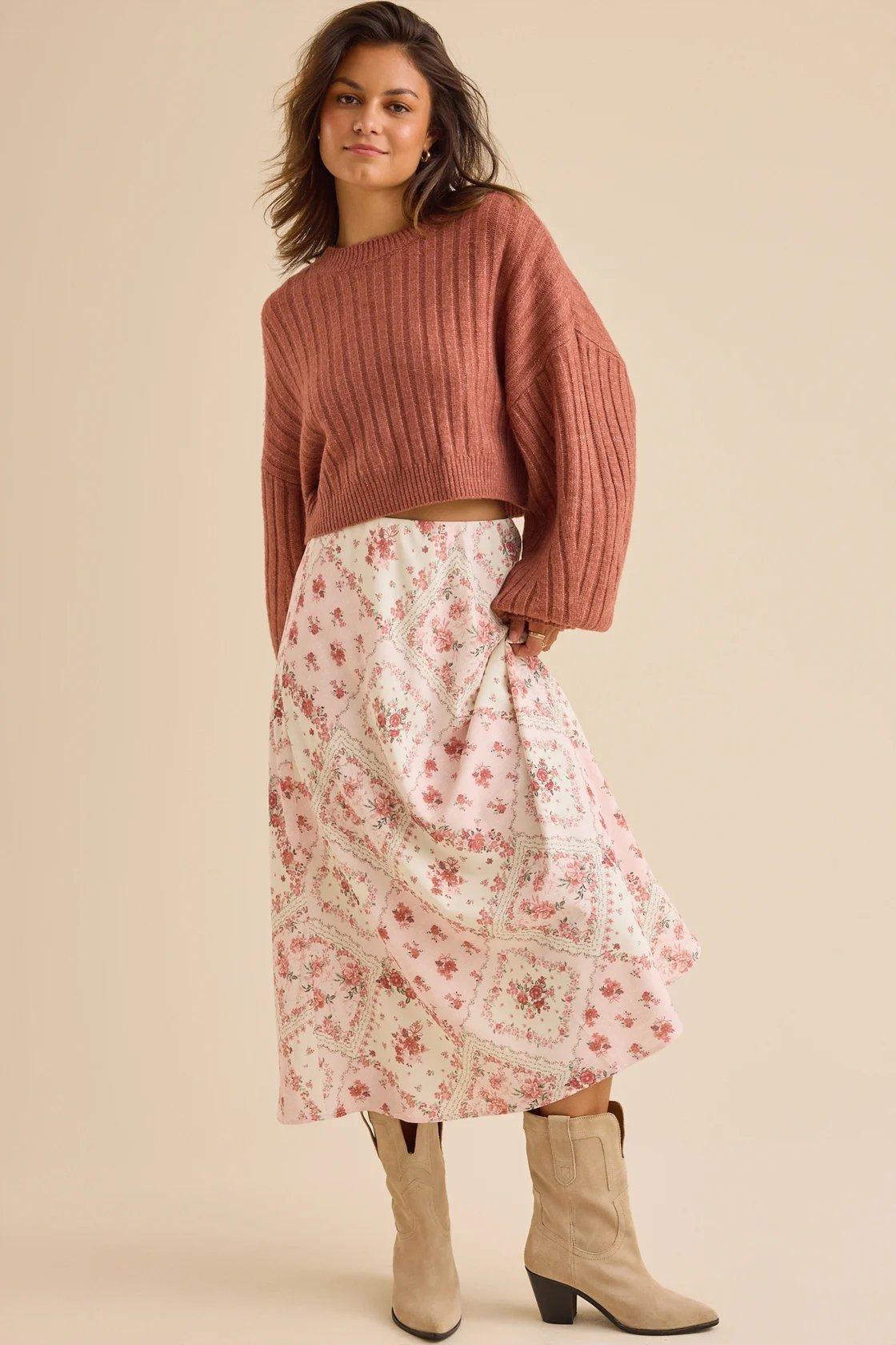 pink and cream patterned midi skirt with pink flowers