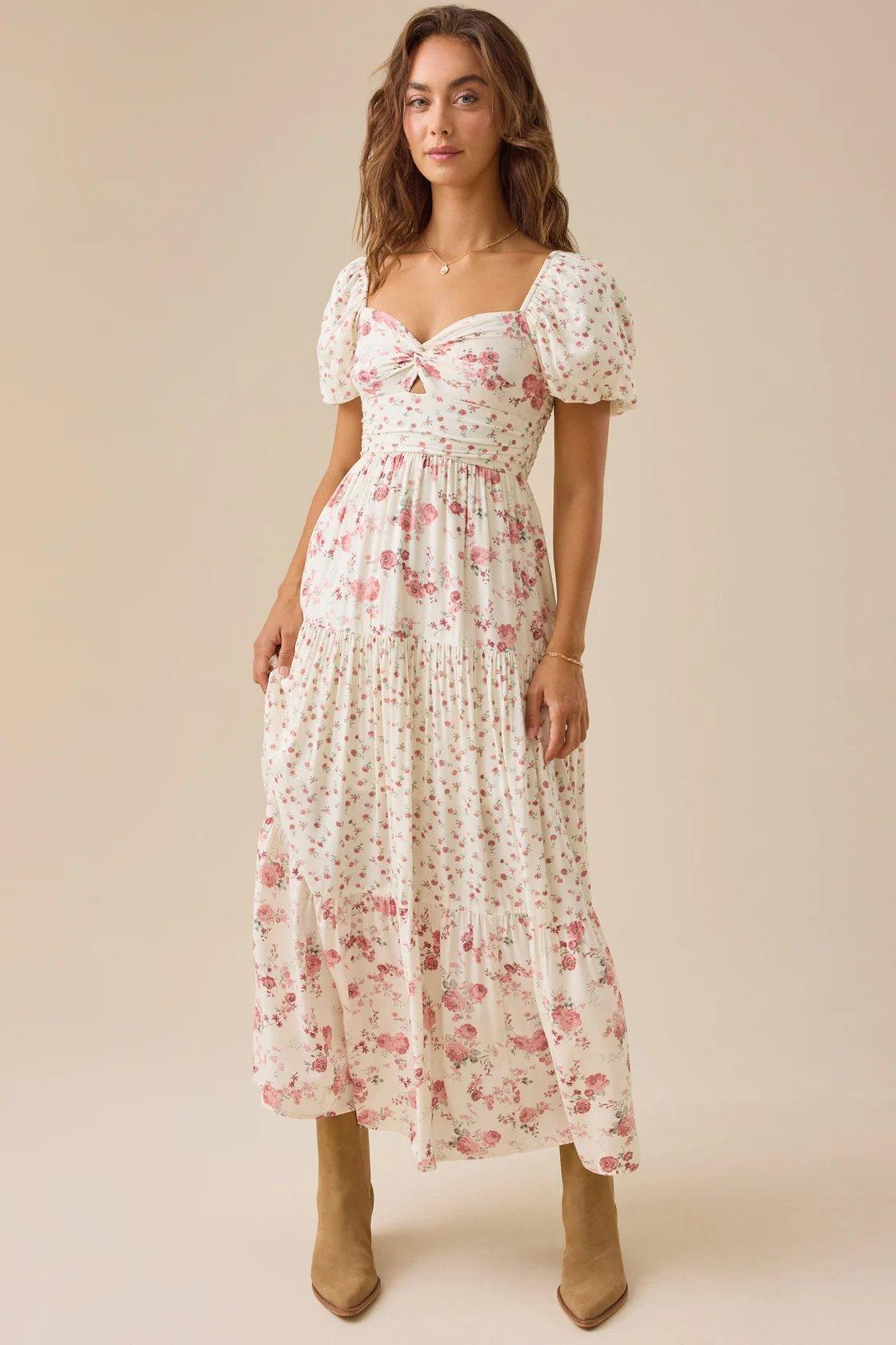 white maxi dress with pink florals