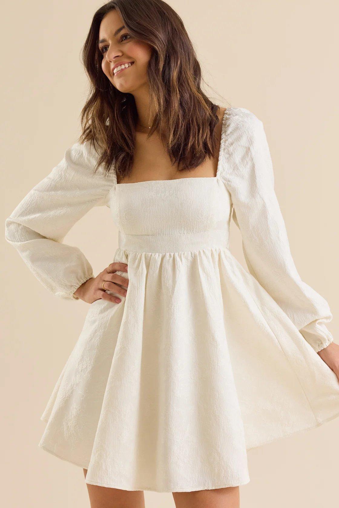 white long sleeve jacquard mini dress