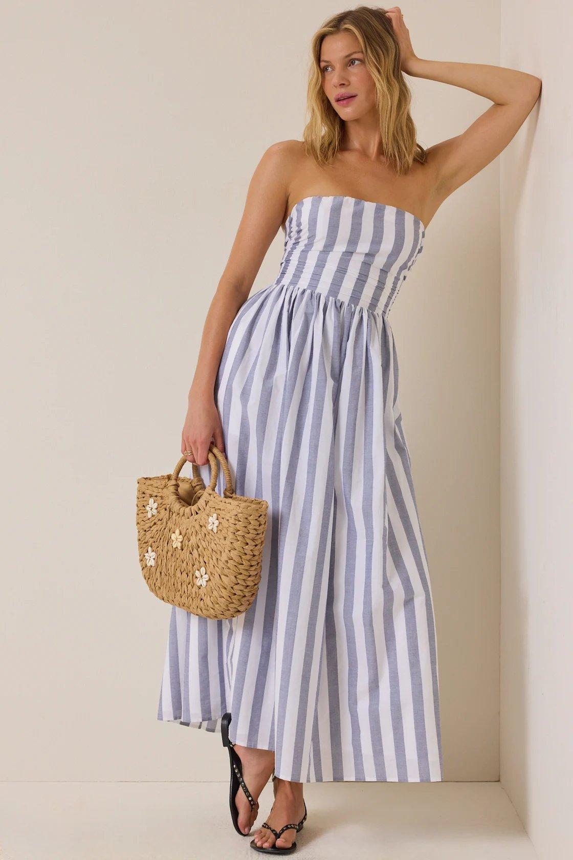 blue and white striped strapless maxi dress