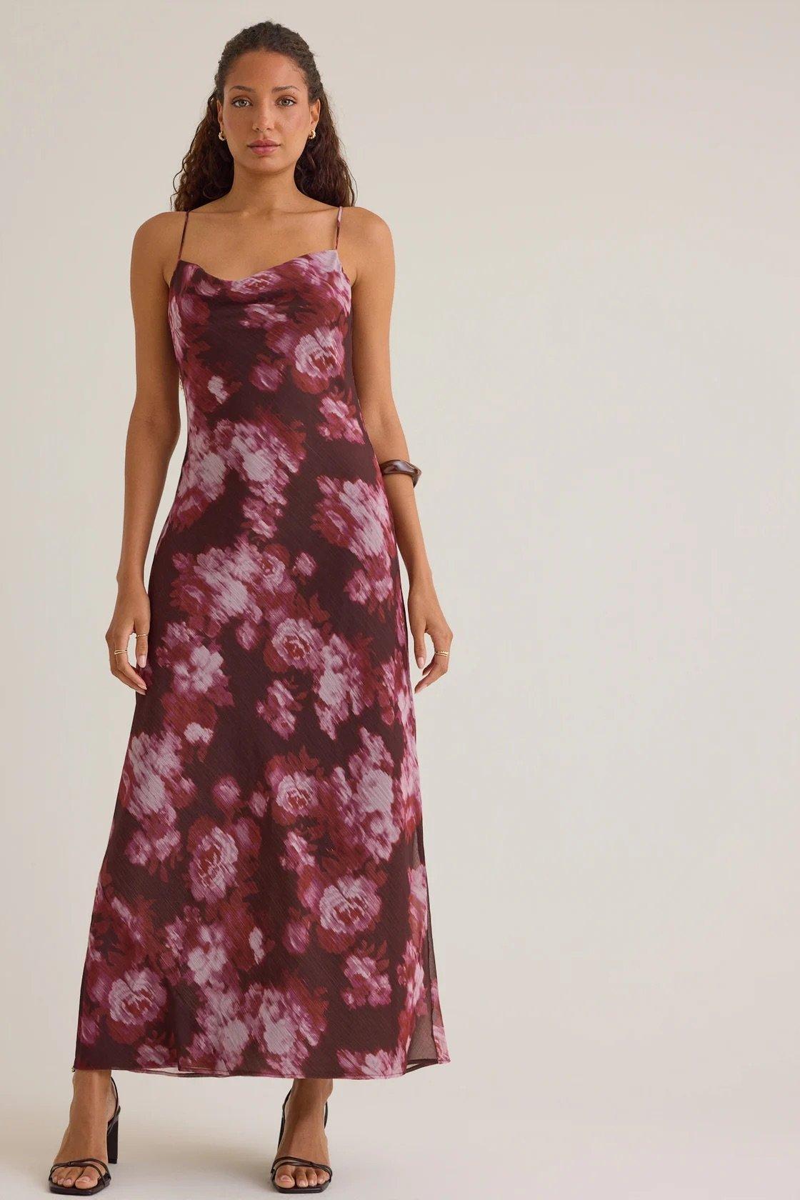 burgundy maxi dress with abstract florals